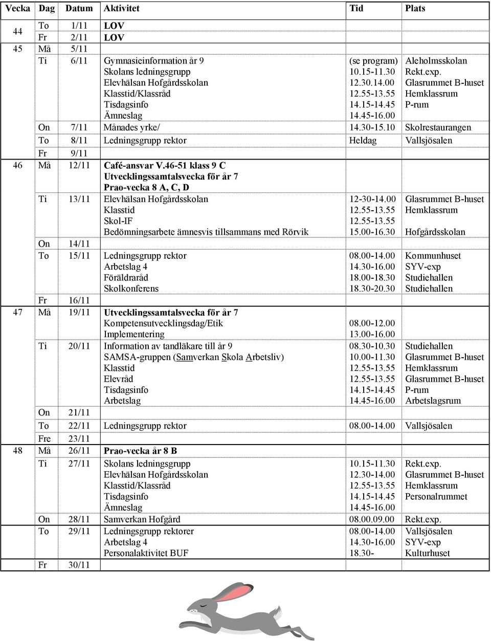 46-51 klass 9 C Utvecklingssamtalsvecka för år 7 Prao-vecka 8 A, C, D Ti 13/11 Bedömningsarbete ämnesvis tillsammans med Rörvik On 14/11 To 15/11 Ledningsgrupp rektor Föräldraråd Skolkonferens Fr