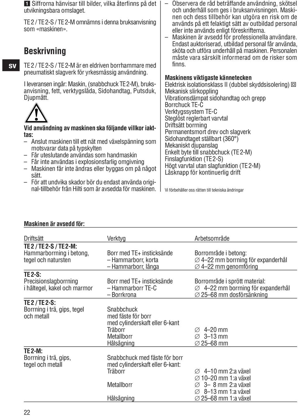 I leveransen ingår: Maskin, (snabbchuck TE-M), bruksanvisning, fett, verktygslåda, Sidohandtag, Putsduk, Djupmått.