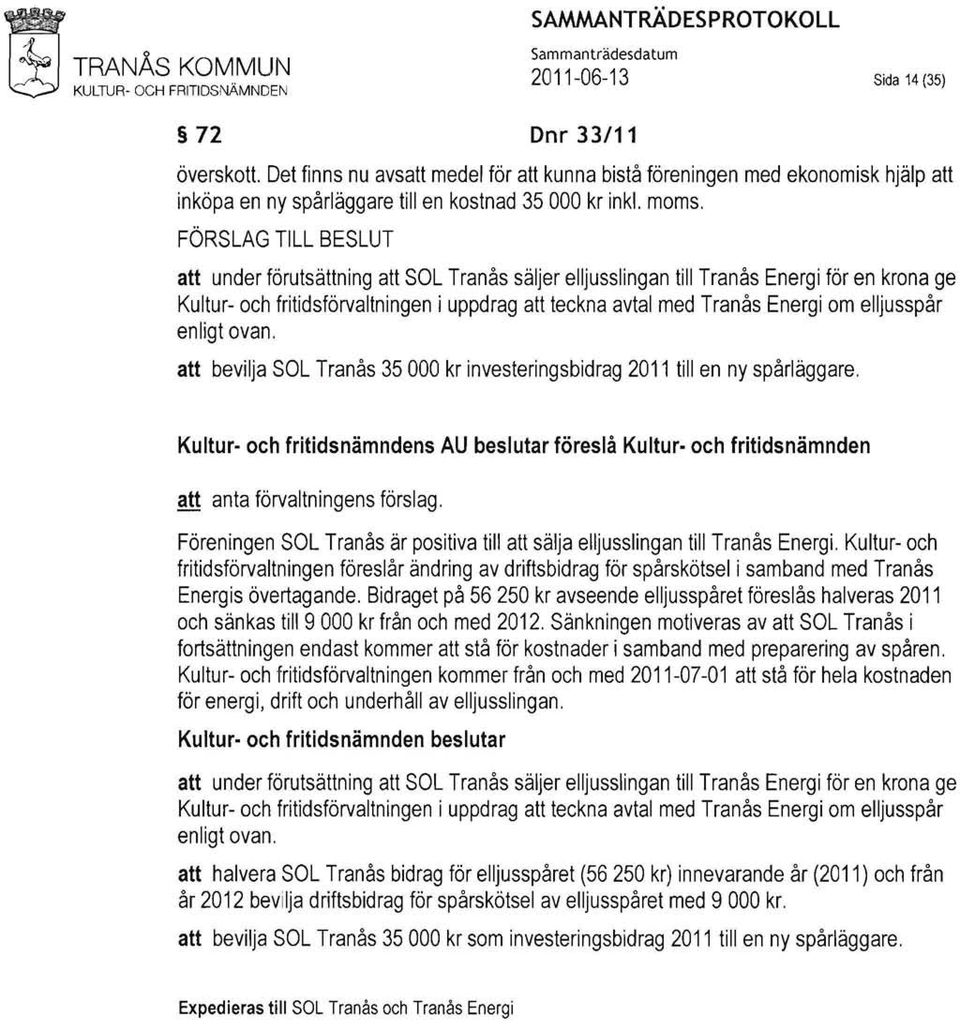 att under förutsättning att SOL Tranås säljer elljusslingan till Tranås Energi för en krona ge Kultur- och fritidsförvaltningen i uppdrag att teckna avtal med Tranås Energi om elljusspår enligt ovan.