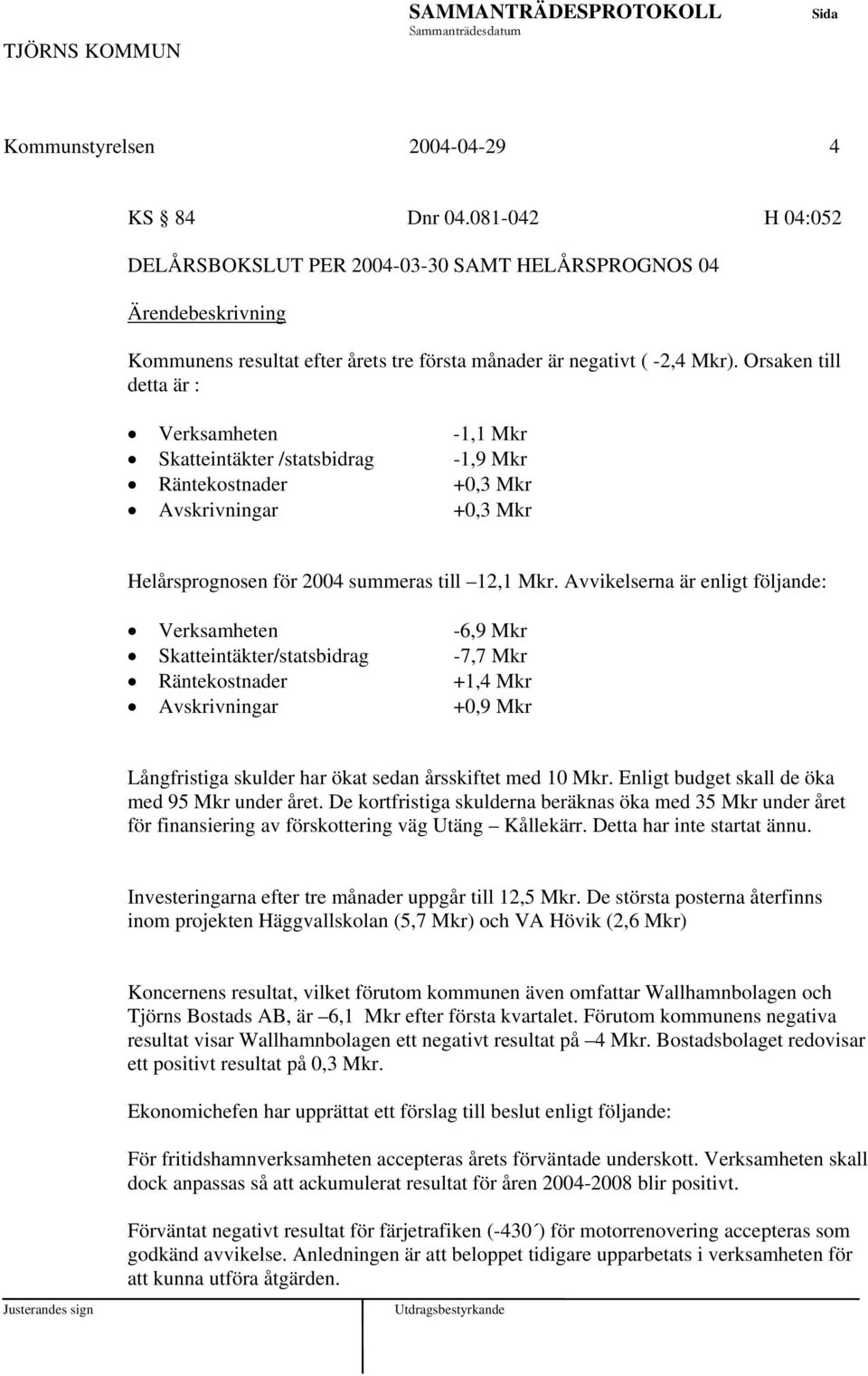 Avvikelserna är enligt följande: Verksamheten -6,9 Mkr Skatteintäkter/statsbidrag -7,7 Mkr Räntekostnader +1,4 Mkr Avskrivningar +0,9 Mkr Långfristiga skulder har ökat sedan årsskiftet med 10 Mkr.