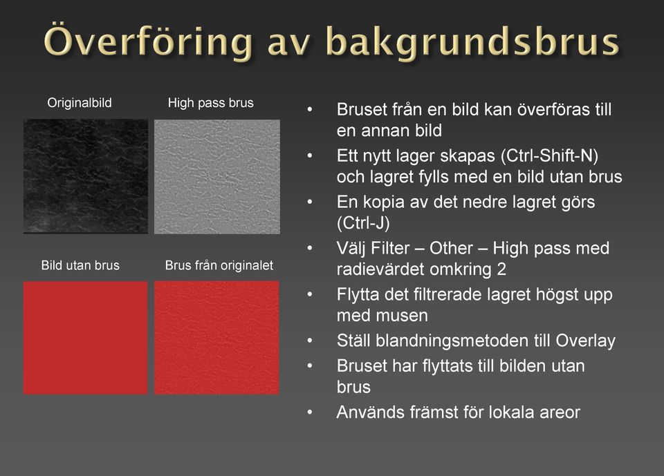 görs (Ctrl-J) Välj Filter Other High pass med radievärdet omkring 2 Flytta det filtrerade lagret högst upp med