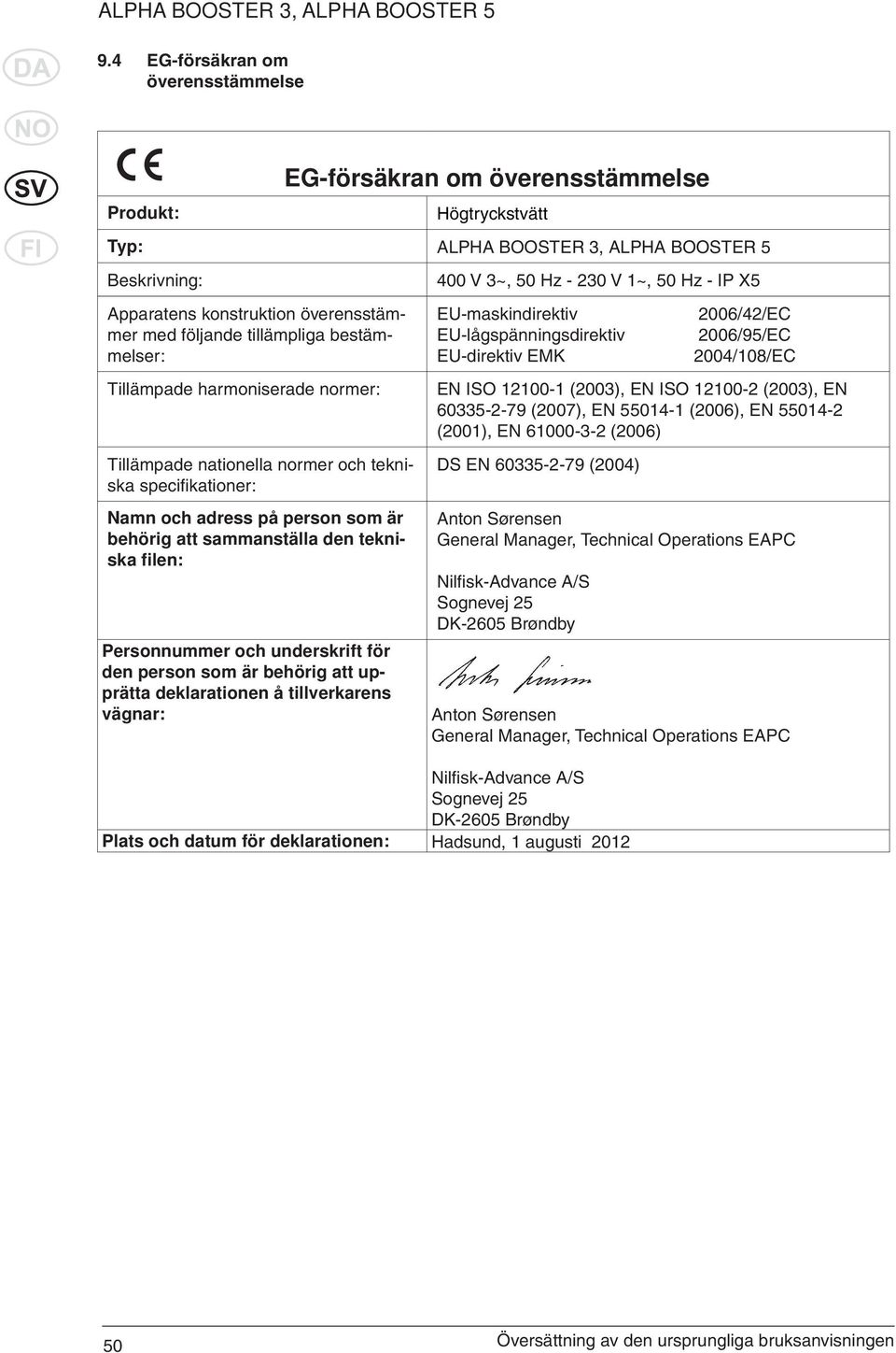 Personnummer och underskrift för den person som är behörig att upprätta deklarationen å tillverkarens vägnar: 400 V 3~, 50 Hz - 230 V 1~, 50 Hz - IP X5 EU-maskindirektiv EU-lågspänningsdirektiv