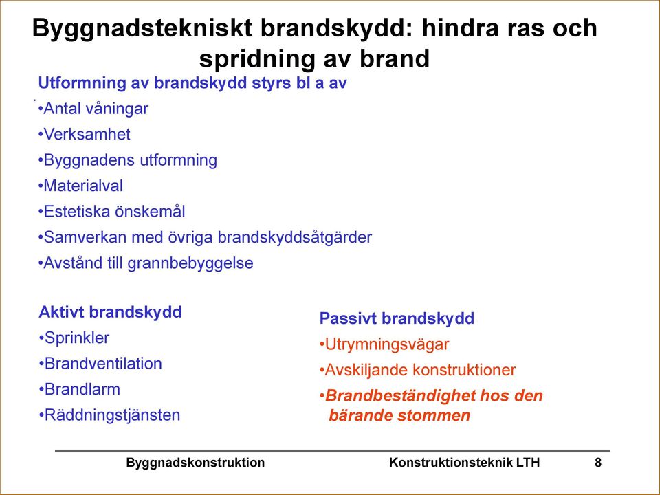 Samverkan med övriga brandskyddsåtgärder Avstånd till grannbebyggelse Aktivt brandskydd Sprinkler Brandventilation