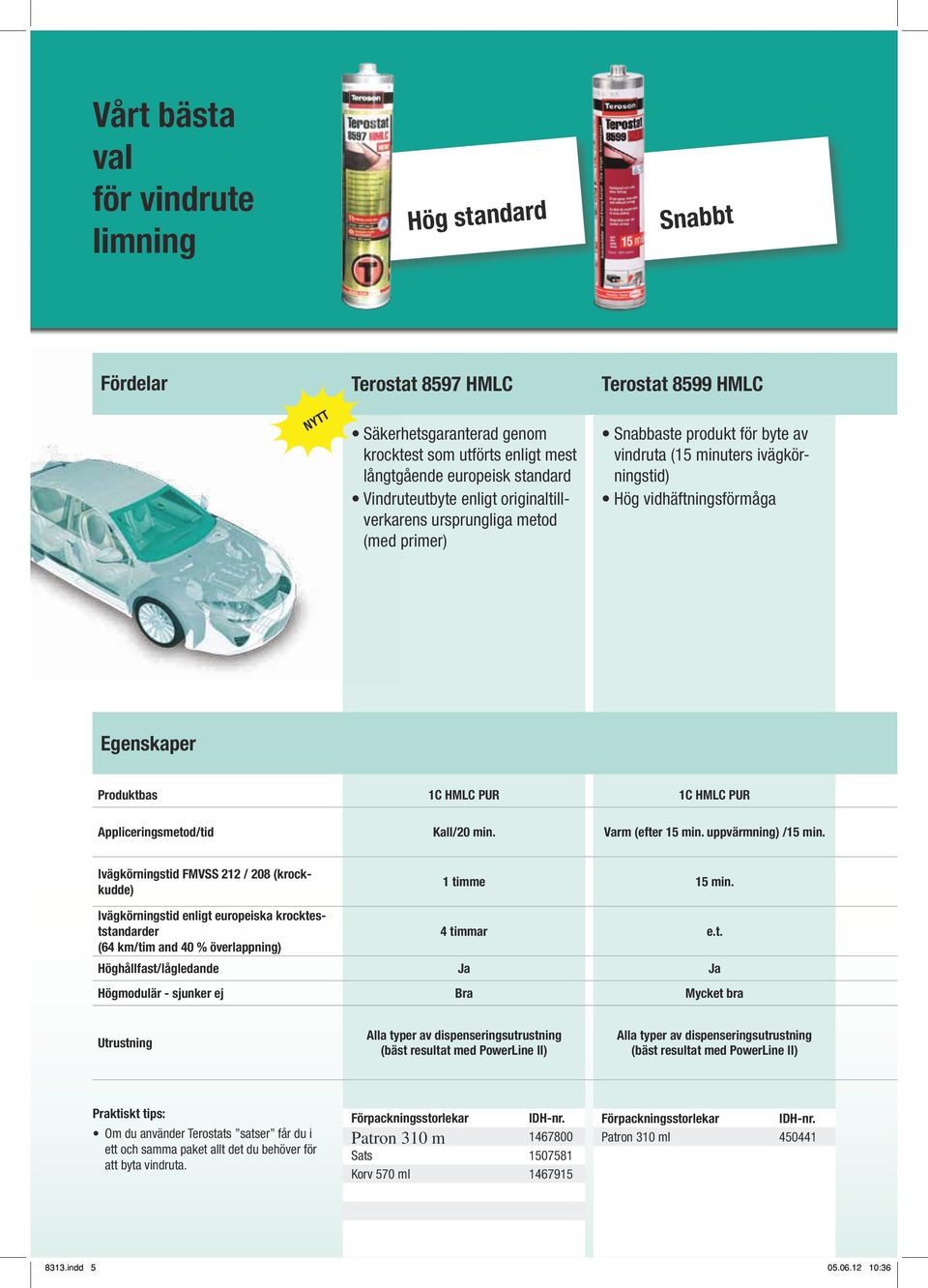 PUR Appliceringsmetod/tid Kall/20 min. Varm (efter 15 min. uppvärmning) /15 min. Ivägkörningstid FMVSS 212 / 208 (krockkudde) 1 timme 15 min.