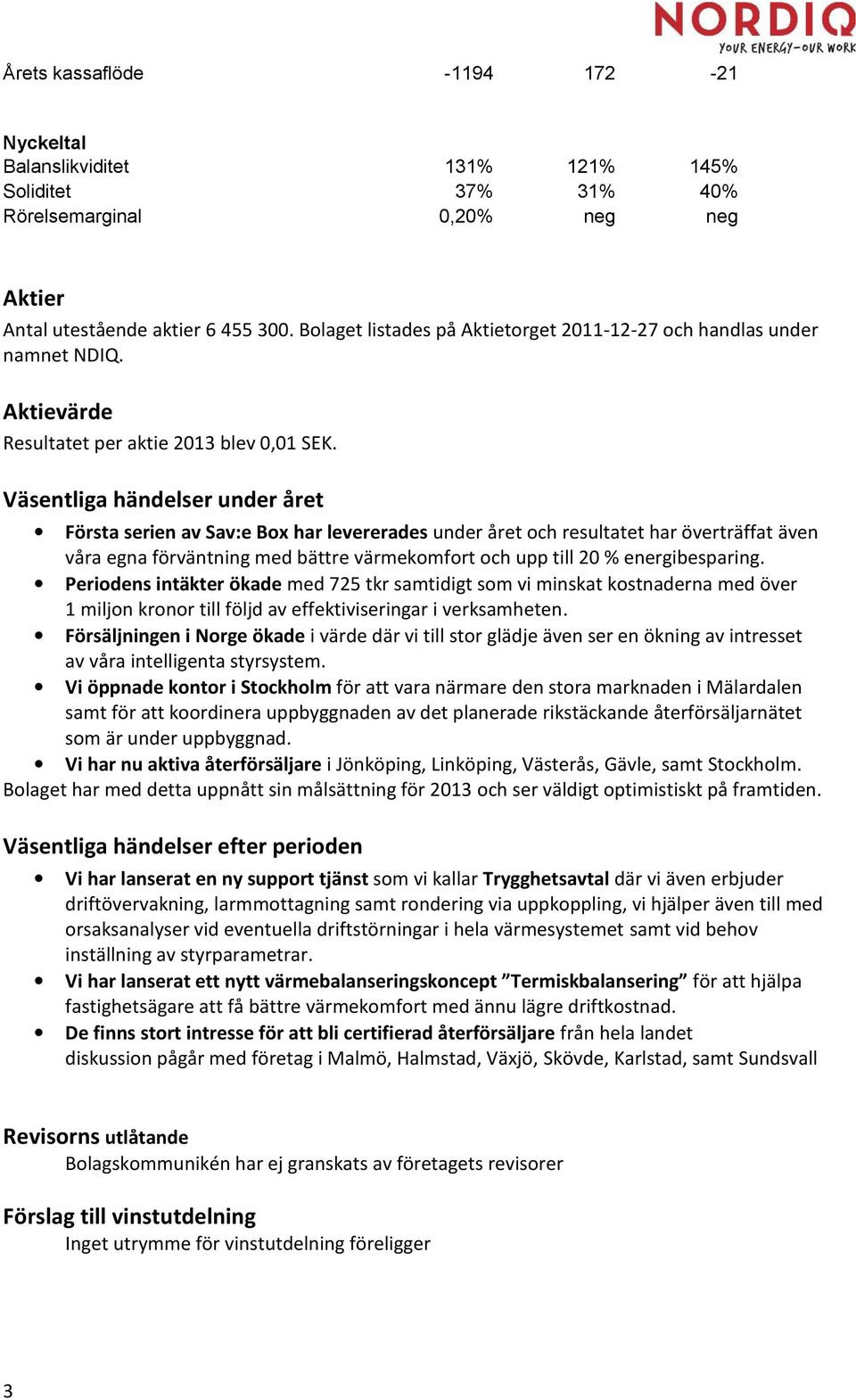 Väsentliga händelser under året Första serien av Sav:e Box har levererades under året och resultatet har överträffat även våra egna förväntning med bättre värmekomfort och upp till 20 %