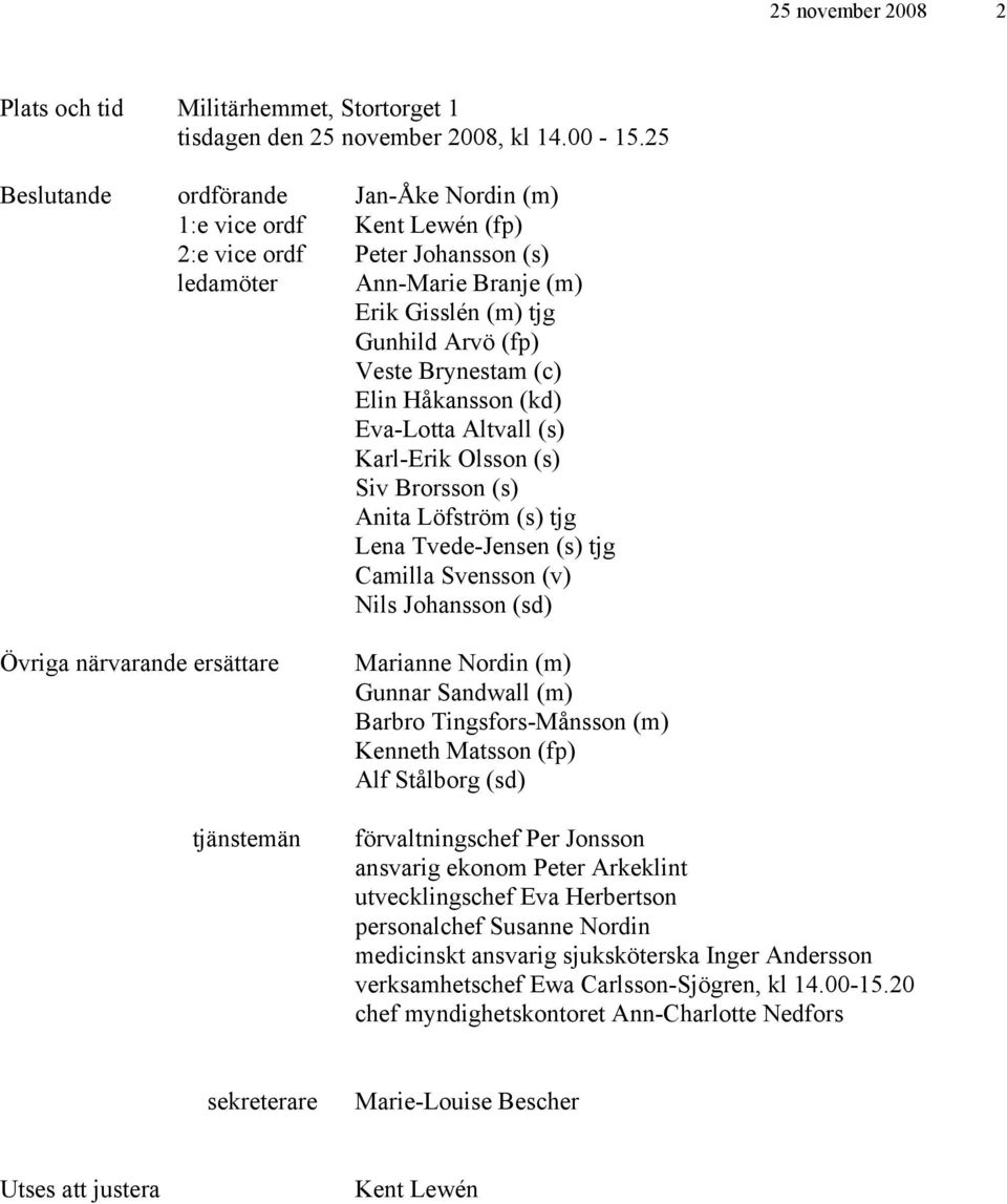 Elin Håkansson (kd) Eva-Lotta Altvall (s) Karl-Erik Olsson (s) Siv Brorsson (s) Anita Löfström (s) tjg Lena Tvede-Jensen (s) tjg Camilla Svensson (v) Nils Johansson (sd) Övriga närvarande ersättare