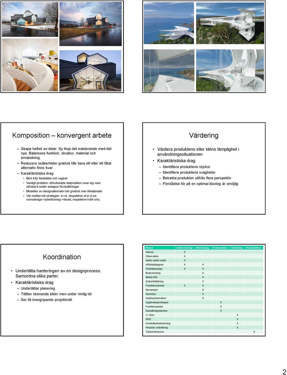 olösbara under antagna förutsättningar Modeller av designalternativ blir gradvis mer detaljerade Val mellan två strategier: in-ut, respektive ut-in (t.ex.