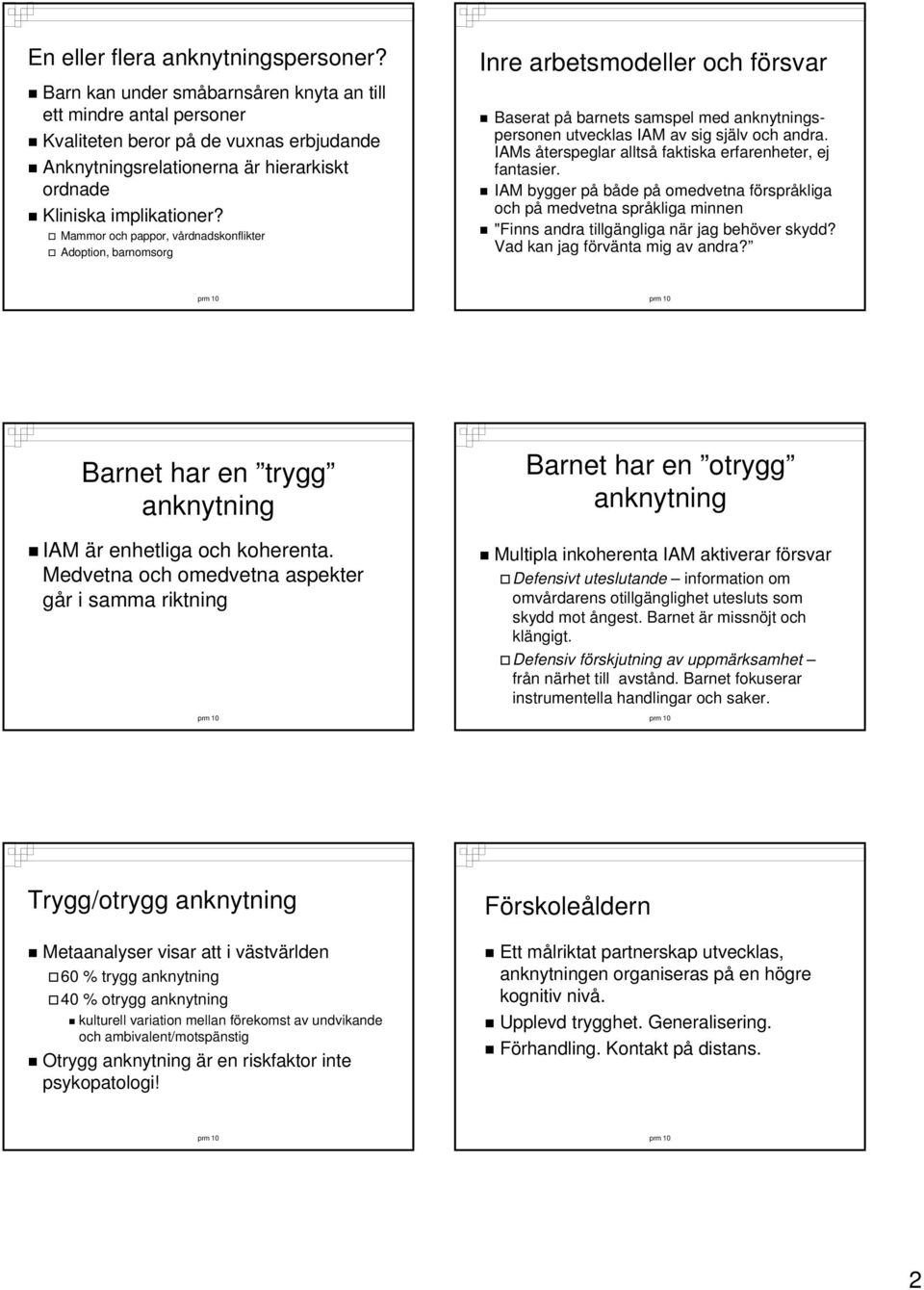 Mammor och pappor, vårdnadskonflikter Adoption, barnomsorg Inre arbetsmodeller och försvar Baserat på barnets samspel med spersonen utvecklas IAM av sig själv och andra.