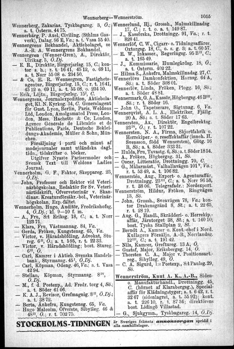 Tidningsaffärer. :A.-B. M Wennergrens Bokhandel. Oxtorgsg. 18, C.; o. s. g. 3; a. t. ElO 57. W,ennetgren (Wenner-Gren),' K, Direktör, - E. W., Inkasser., Regeringsg. 95B II, C.;, Ulrikag: 5, O,Dj. a. t. 16549.