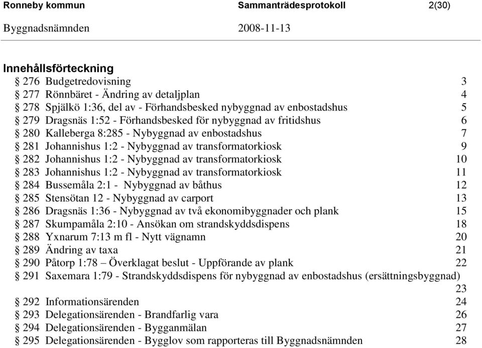 Nybyggnad av transformatorkiosk 10 283 Johannishus 1:2 - Nybyggnad av transformatorkiosk 11 284 Bussemåla 2:1 - Nybyggnad av båthus 12 285 Stensötan 12 - Nybyggnad av carport 13 286 Dragsnäs 1:36 -