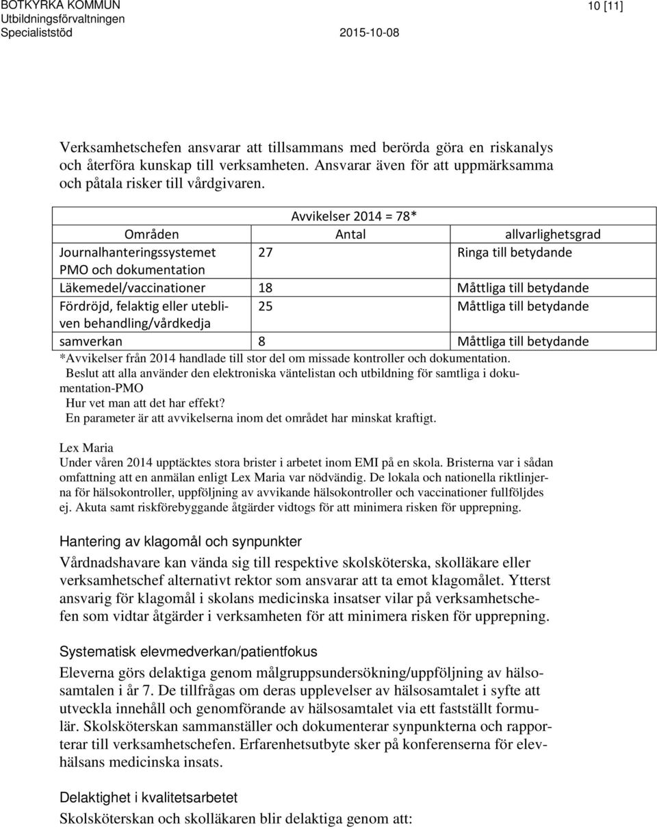 Avvikelser 2014 = 78* Områden Antal allvarlighetsgrad Journalhanteringssystemet 27 Ringa till betydande PMO och dokumentation Läkemedel/vaccinationer 18 Måttliga till betydande Fördröjd, felaktig