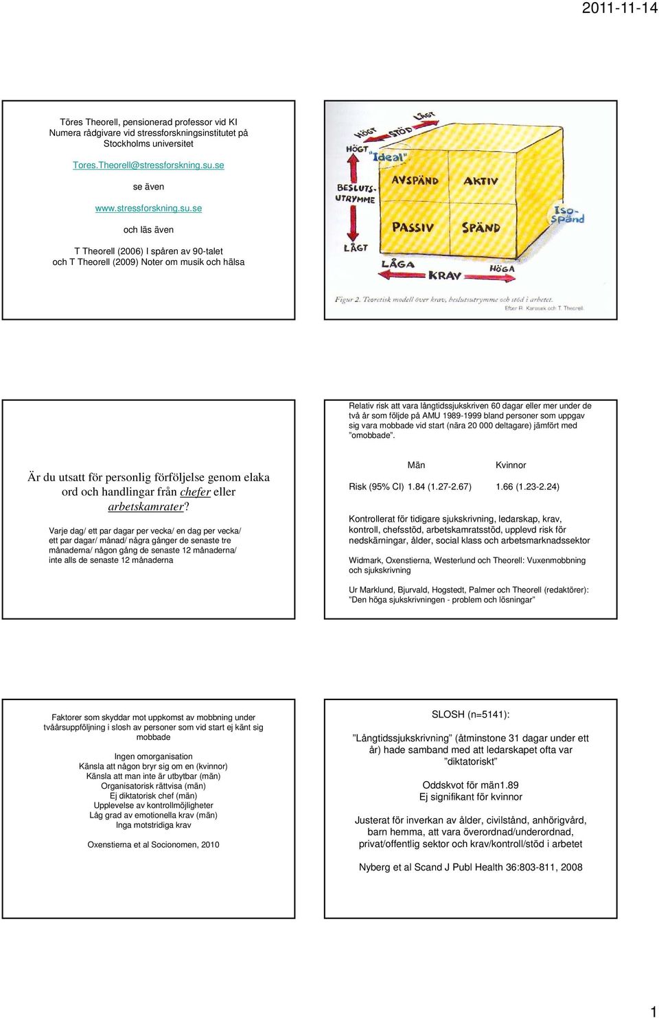 se och läs även T Theorell (2006) I spåren av 90-talet och T Theorell (2009) Noter om musik och hälsa Relativ risk att vara långtidssjukskriven 60 dagar eller mer under de två år som följde på AMU