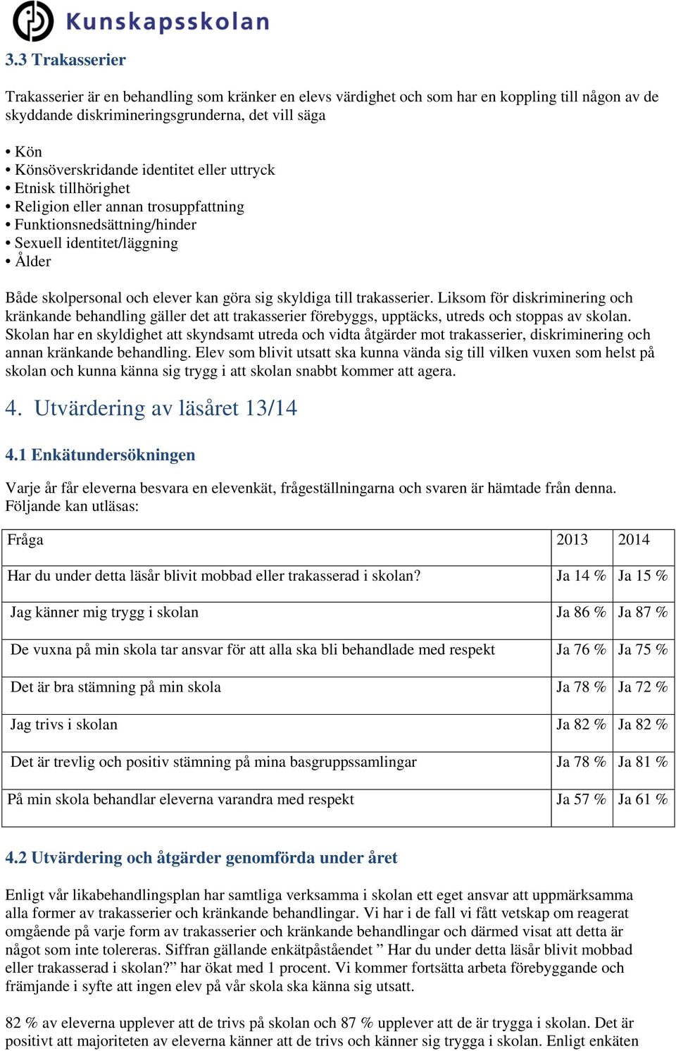 trakasserier. Liksom för diskriminering och kränkande behandling gäller det att trakasserier förebyggs, upptäcks, utreds och stoppas av skolan.