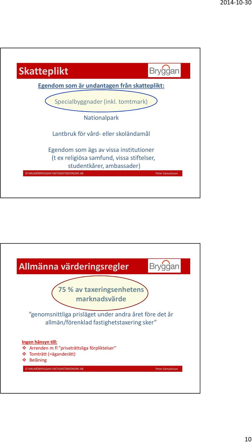 vissa stiftelser, studentkårer, ambassader) Allmänna värderingsregler 75 % av taxeringsenhetens marknadsvärde genomsnittliga