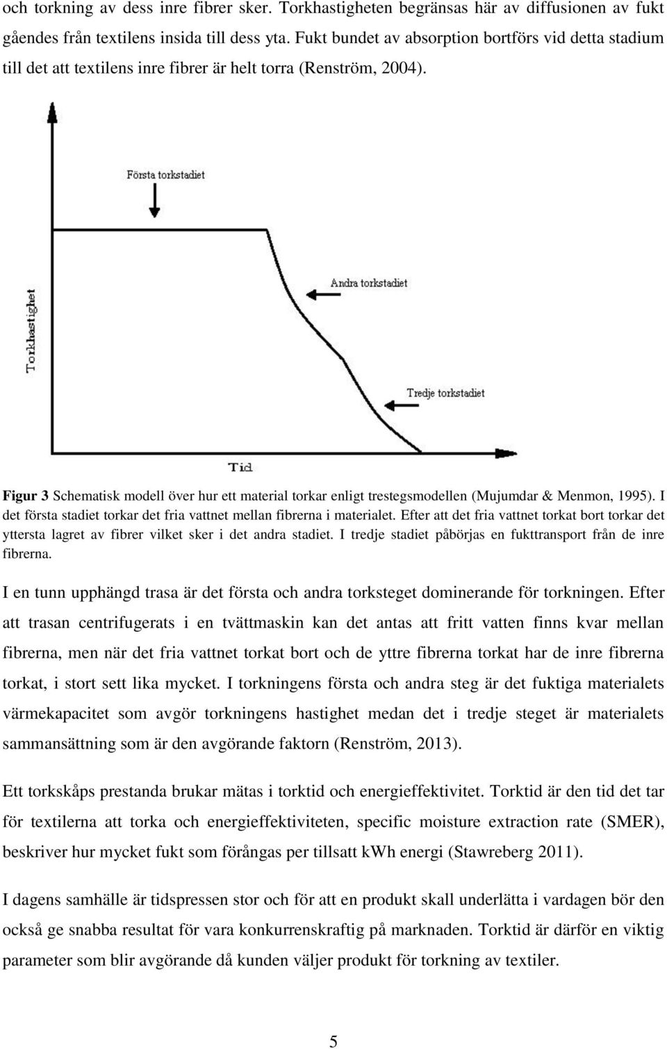 Figur 3 Schematisk modell över hur ett material torkar enligt trestegsmodellen (Mujumdar & Menmon, 1995). I det första stadiet torkar det fria vattnet mellan fibrerna i materialet.