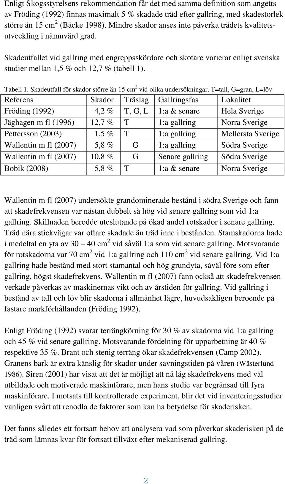 Skadeutfallet vid gallring med engreppsskördare och skotare varierar enligt svenska studier mellan 1,5 % och 12,7 % (tabell 1). Tabell 1.