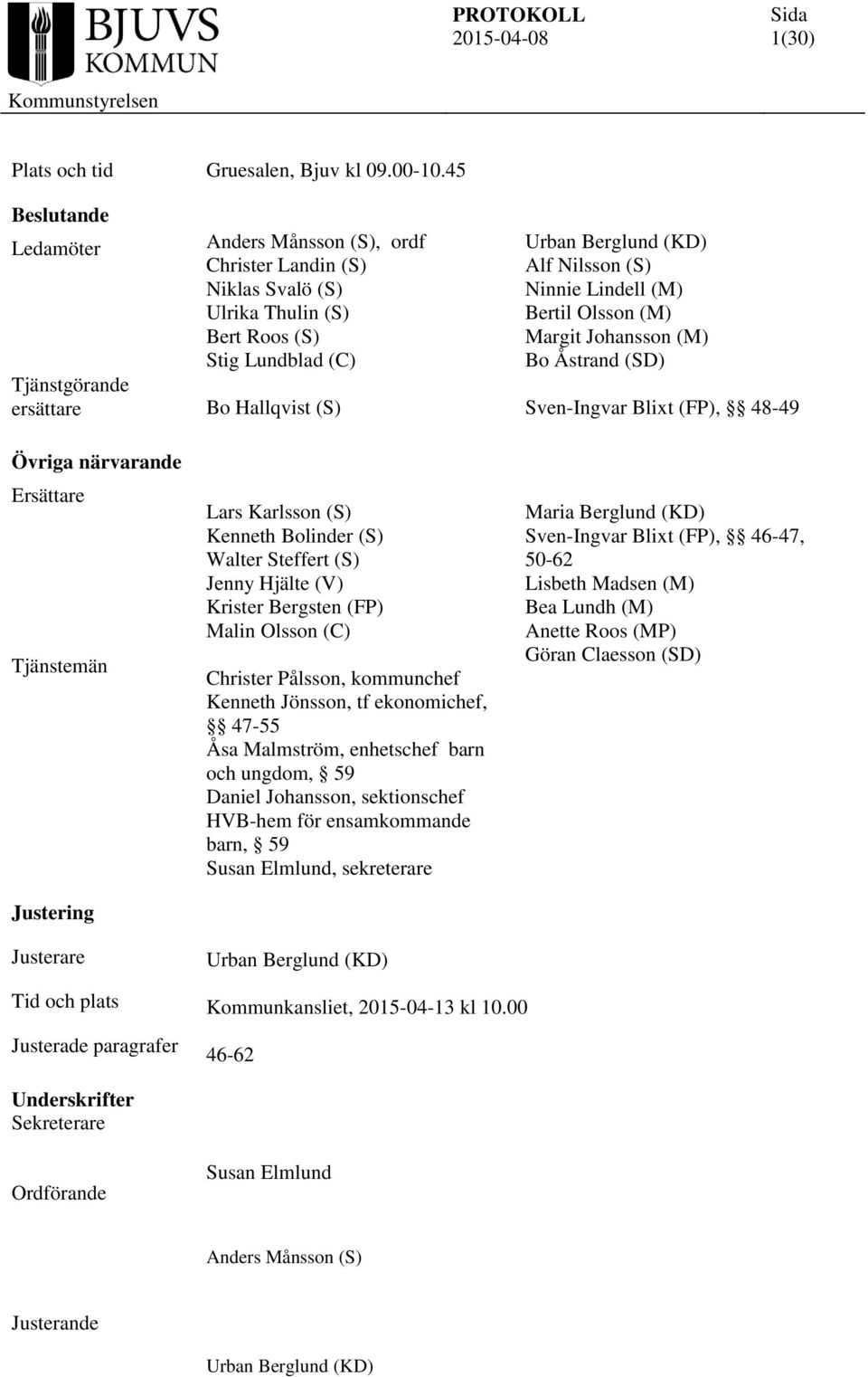 (S) Stig Lundblad (C) Bo Hallqvist (S) Lars Karlsson (S) Kenneth Bolinder (S) Walter Steffert (S) Jenny Hjälte (V) Krister Bergsten (FP) Malin Olsson (C) Christer Pålsson, kommunchef Kenneth Jönsson,