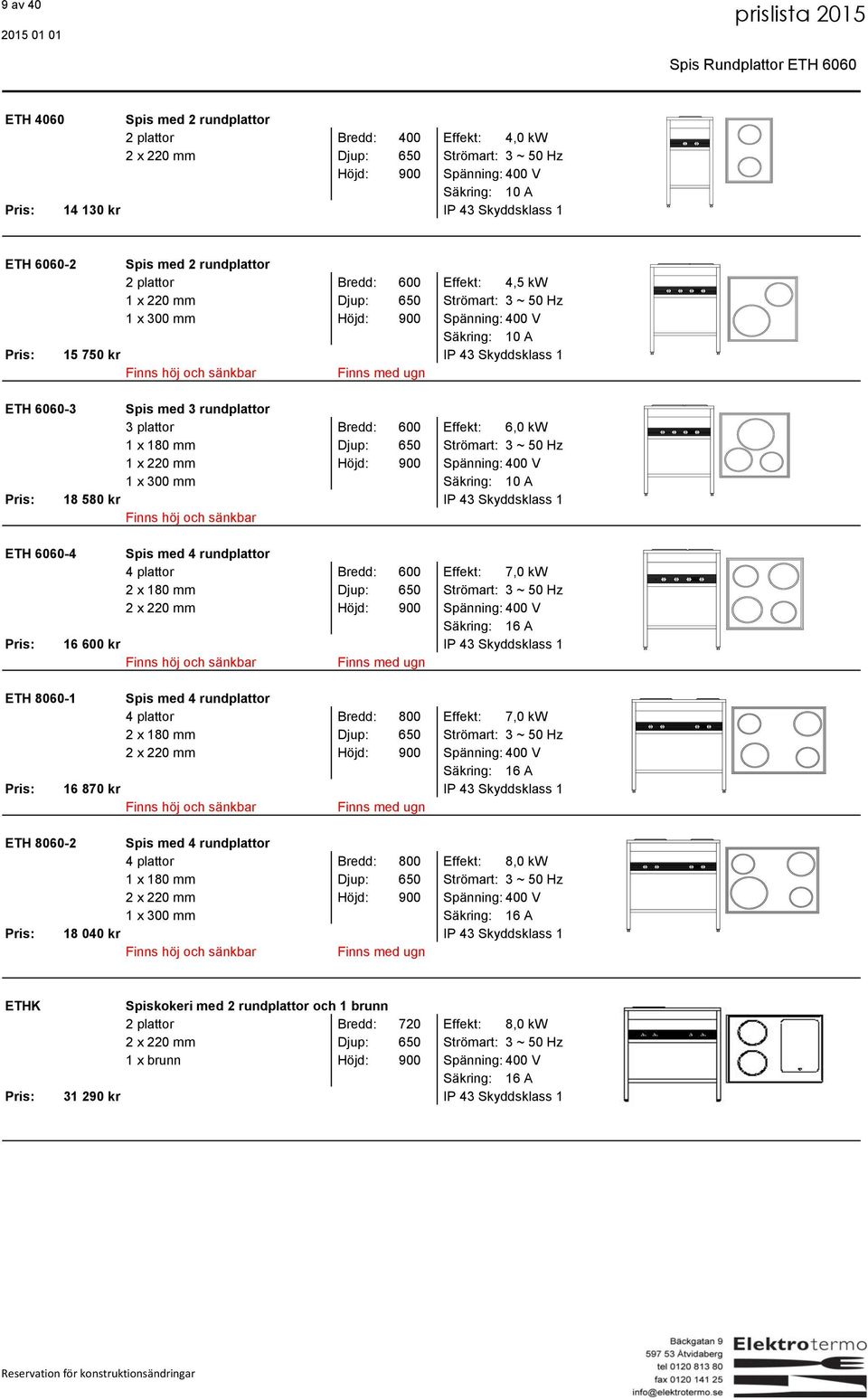 6060-3 Spis med 3 rundplattor 3 plattor Bredd: 600 Effekt: 6,0 kw 1 x 180 mm Djup: 650 Strömart: 3 ~ 50 Hz 1 x 220 mm Höjd: 900 Spänning: 400 V 1 x 300 mm Säkring: 10 A Pris: 18 580 kr ETH 6060-4