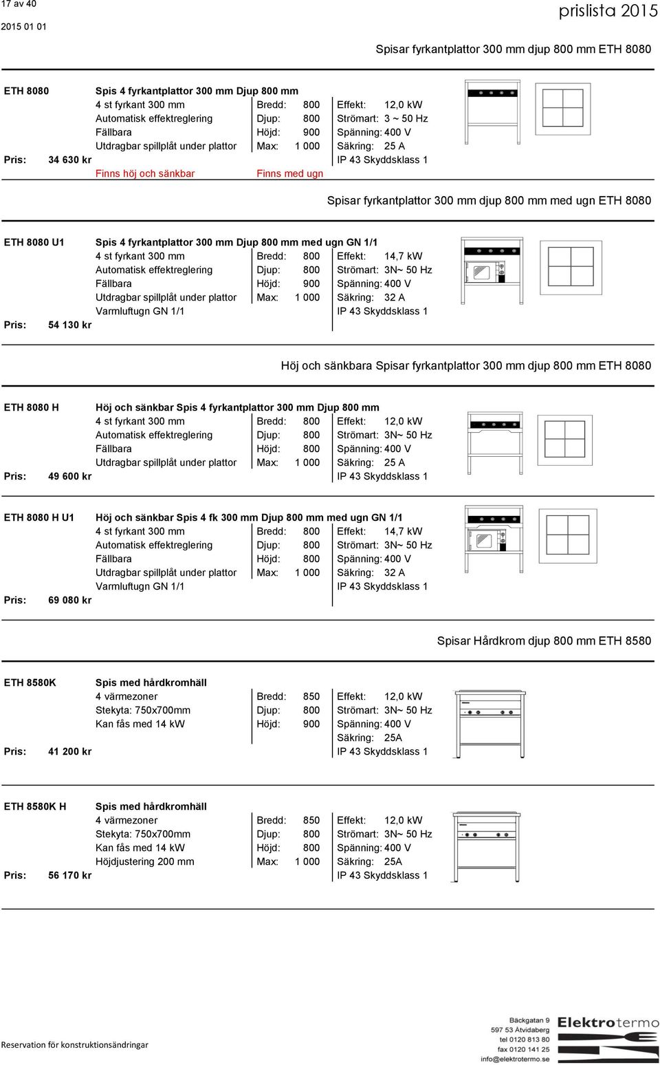 8080 ETH 8080 U1 Spis 4 fyrkantplattor 300 mm Djup 800 mm med ugn GN 1/1 4 st fyrkant 300 mm Bredd: 800 Effekt: 14,7 kw Automatisk effektreglering Djup: 800 Strömart: 3N~ 50 Hz Fällbara Höjd: 900