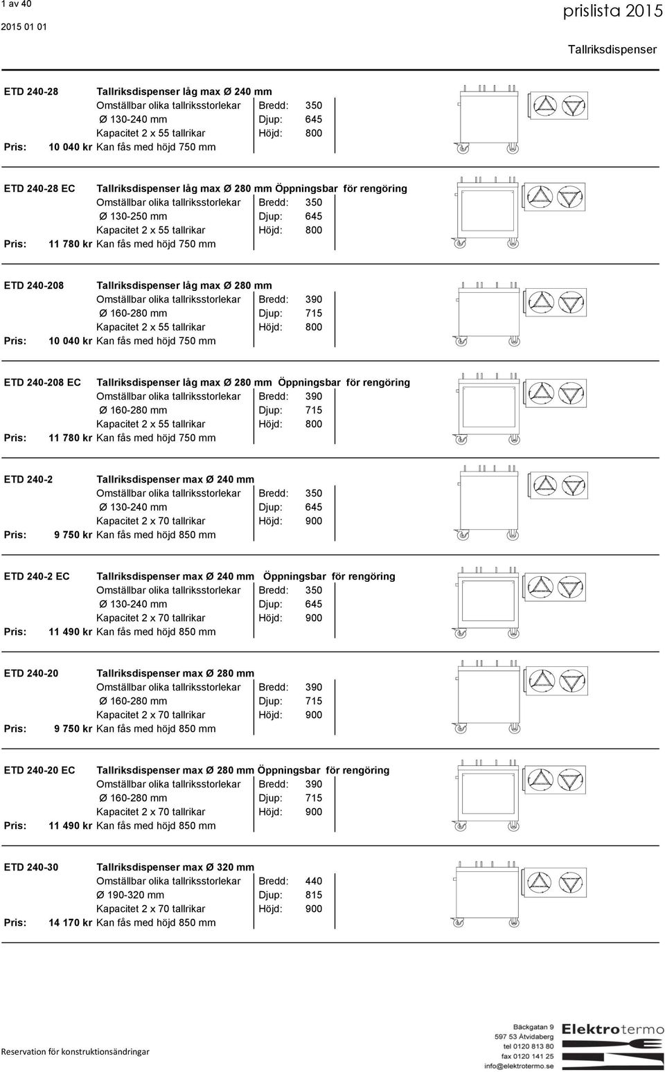 800 Pris: 11 780 kr Kan fås med höjd 750 mm ETD 240-208 Tallriksdispenser låg max Ø 280 mm Omställbar olika tallriksstorlekar Bredd: 390 Ø 160-280 mm Djup: 715 Kapacitet 2 x 55 tallrikar Höjd: 800