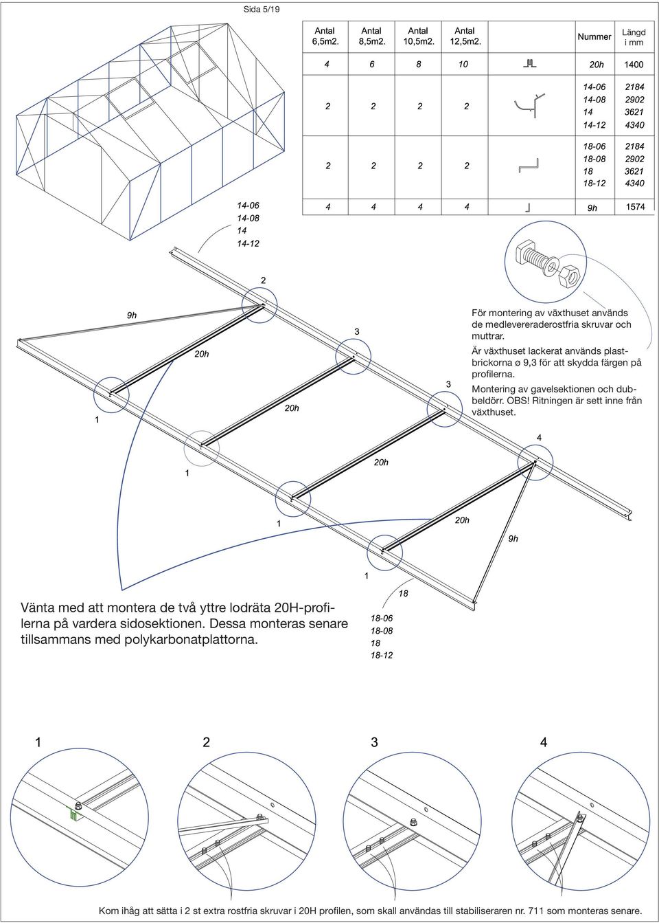 Ritningen är sett inne från växthuset. Vänta med att montera de två yttre lodräta 20H-profilerna på vardera sidosektionen.