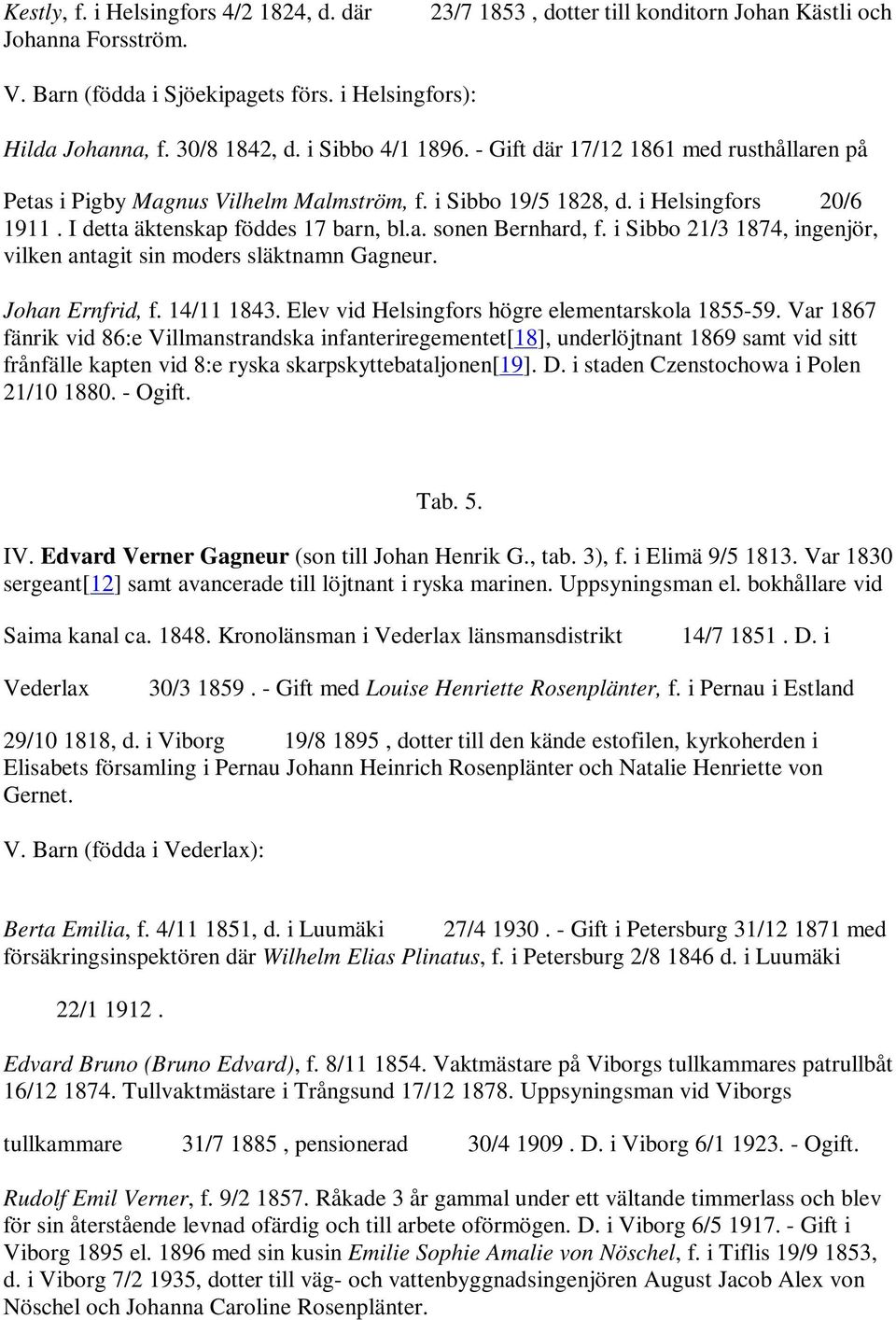 i Sibbo 21/3 1874, ingenjör, vilken antagit sin moders släktnamn Gagneur. Johan Ernfrid, f. 14/11 1843. Elev vid Helsingfors högre elementarskola 1855-59.