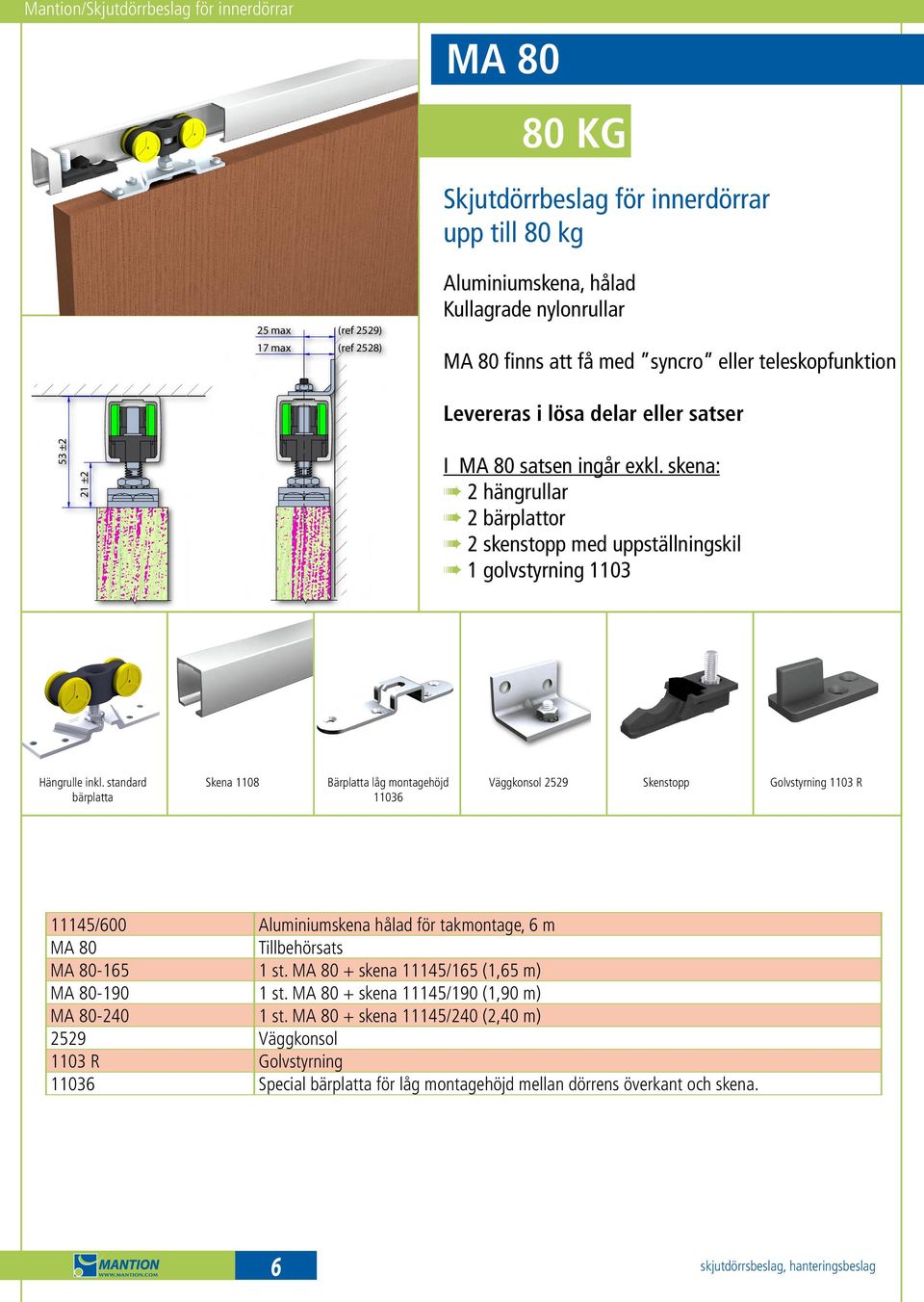 standard bärplatta Skena 1108 Bärplatta låg montagehöjd 11036 Väggkonsol 2529 Skenstopp Golvstyrning 1103 R 11145/600 Aluminiumskena hålad för takmontage, 6 m MA 80 Tillbehörsats MA 80-165 1 st.