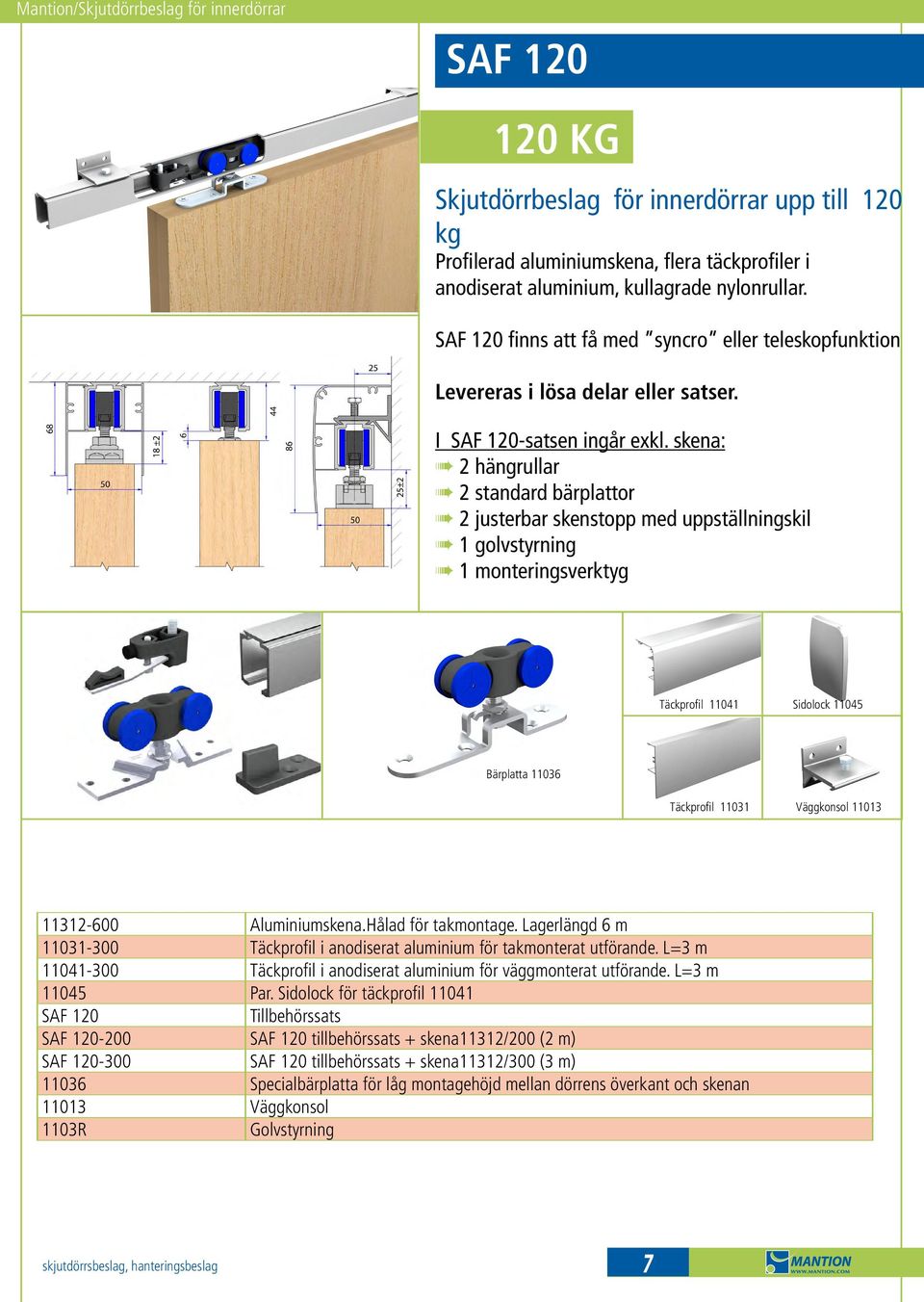 skena: Á 2 hängrullar Á 2 standard bärplattor Á 2 justerbar skenstopp med uppställningskil Á 1 golvstyrning Á 1 monteringsverktyg Täckprofil 11041 Sidolock 11045 Bärplatta 11036 Täckprofil 11031