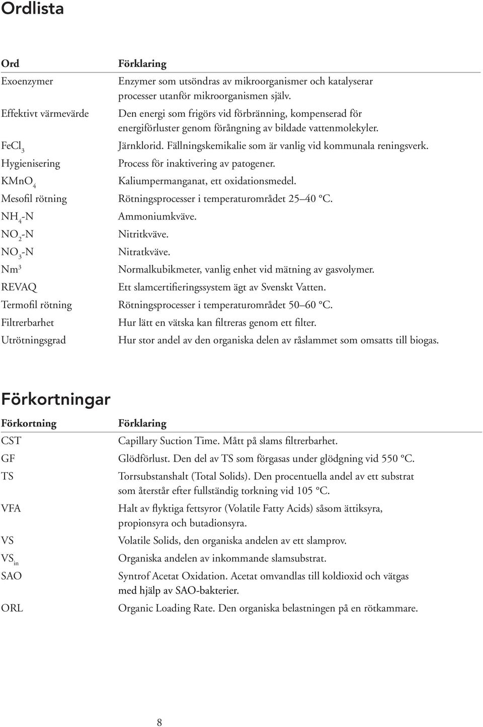 Den energi som frigörs vid förbränning, kompenserad för energiförluster genom förångning av bildade vattenmolekyler. Järnklorid. Fällningskemikalie som är vanlig vid kommunala reningsverk.