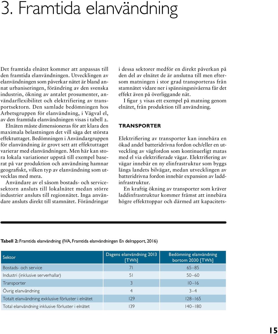 transportsektorn. Den samlade bedömningen hos Arbetsgruppen för elanvändning, i Vägval el, av den framtida elanvändningen visas i tabell 2.