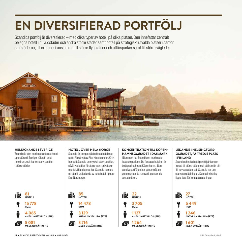 affärsparker samt till större vägleder. HELTÄCKANDE I SVERIGE Scandic är den marknadsledande hotelloperatören i Sverige, räknat i antal hotellrum, och har en stark position i större städer.