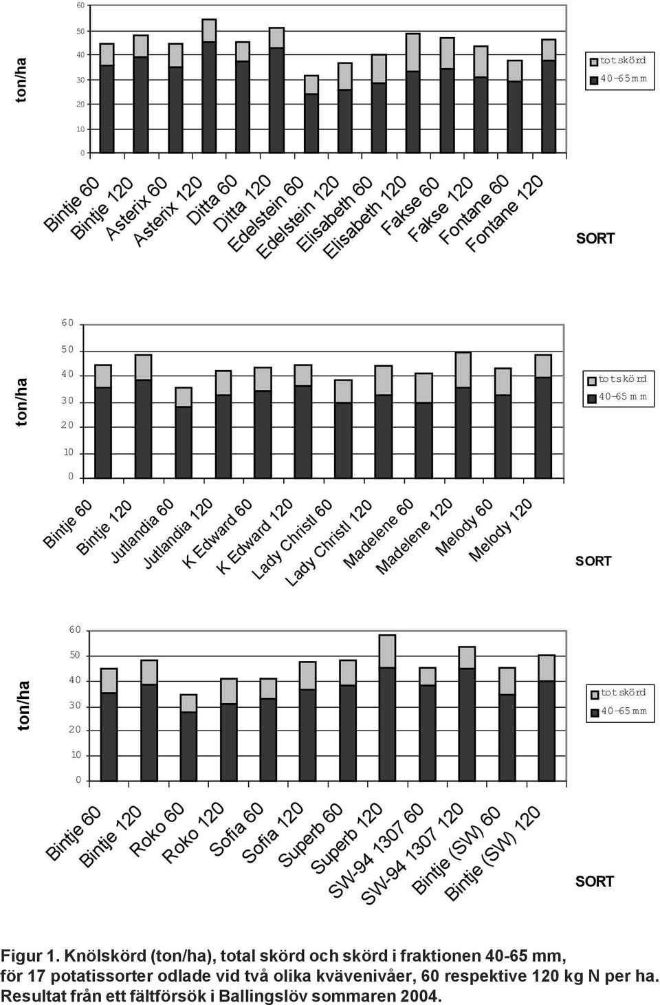 ton/ha 6 5 4 3 2 1 Bintje 6 Bintje 12 Roko 6 Roko 12 Sofia 6 Sofia 12 Superb 6 Superb 12 SW-94 137 6 SW-94 137 12 Bintje (SW) 6 Bintje (SW) 12 totskörd 4-65 mm Figur 1.