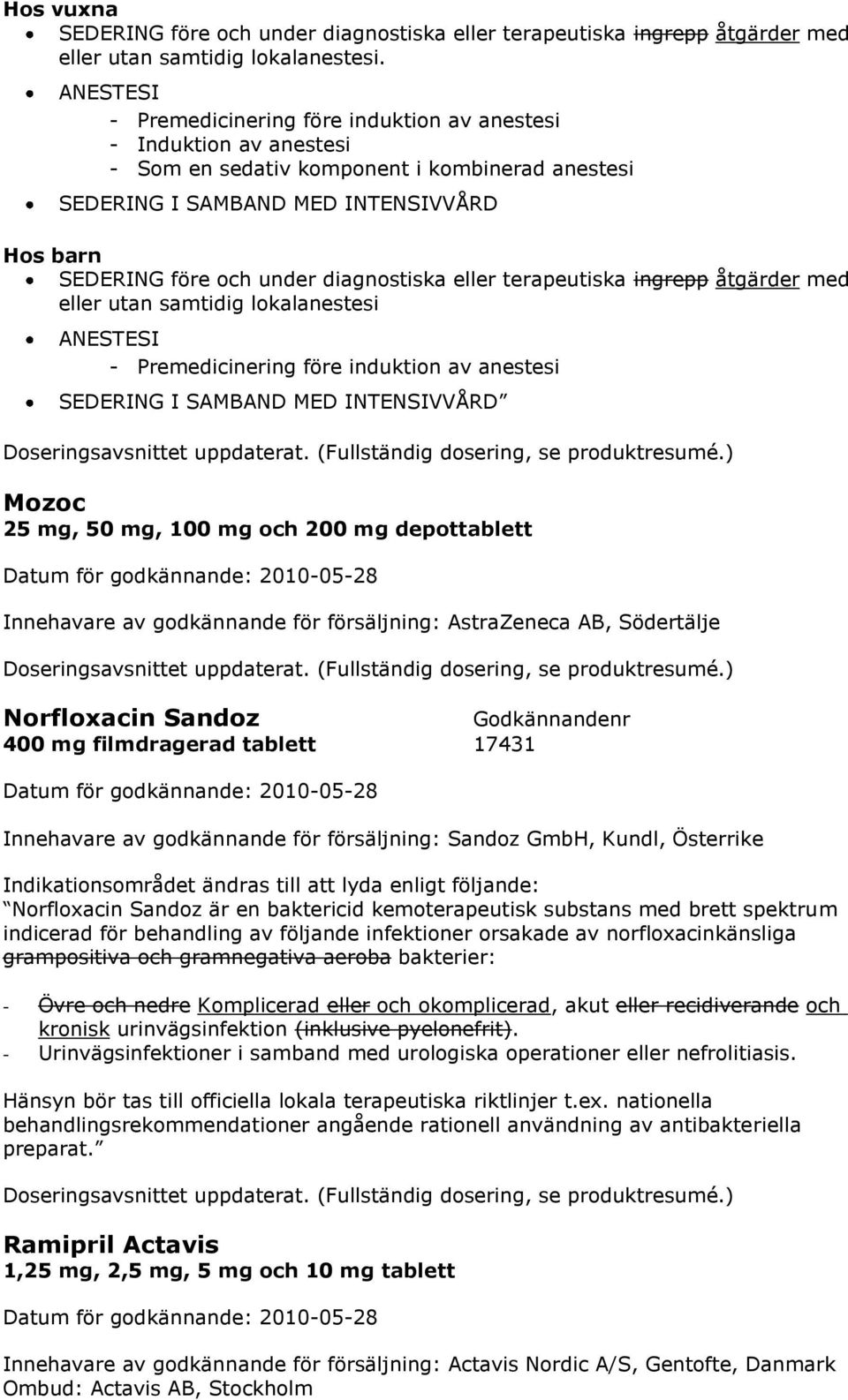 diagnostiska eller terapeutiska ingrepp åtgärder med eller utan samtidig lokalanestesi ANESTESI - Premedicinering före induktion av anestesi SEDERING I SAMBAND MED INTENSIVVÅRD Mozoc 25 mg, 50 mg,