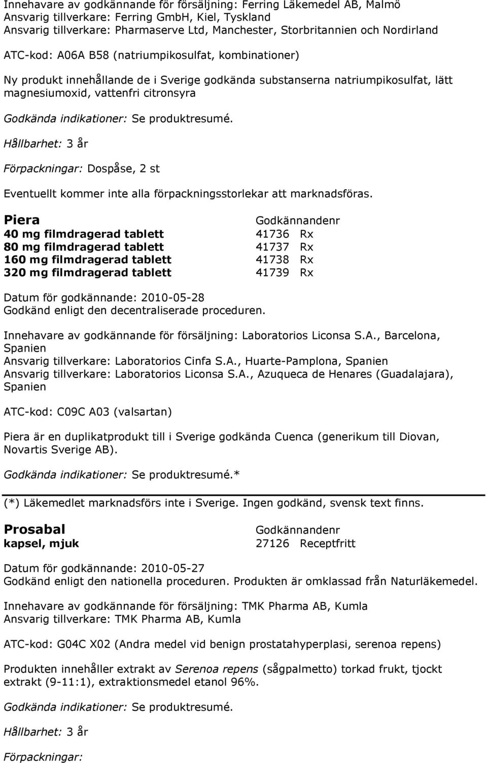 Piera 40 mg filmdragerad tablett 41736 Rx 80 mg filmdragerad tablett 41737 Rx 160 mg filmdragerad tablett 41738 Rx 320 mg filmdragerad tablett 41739 Rx Innehavare av godkännande för försäljning: