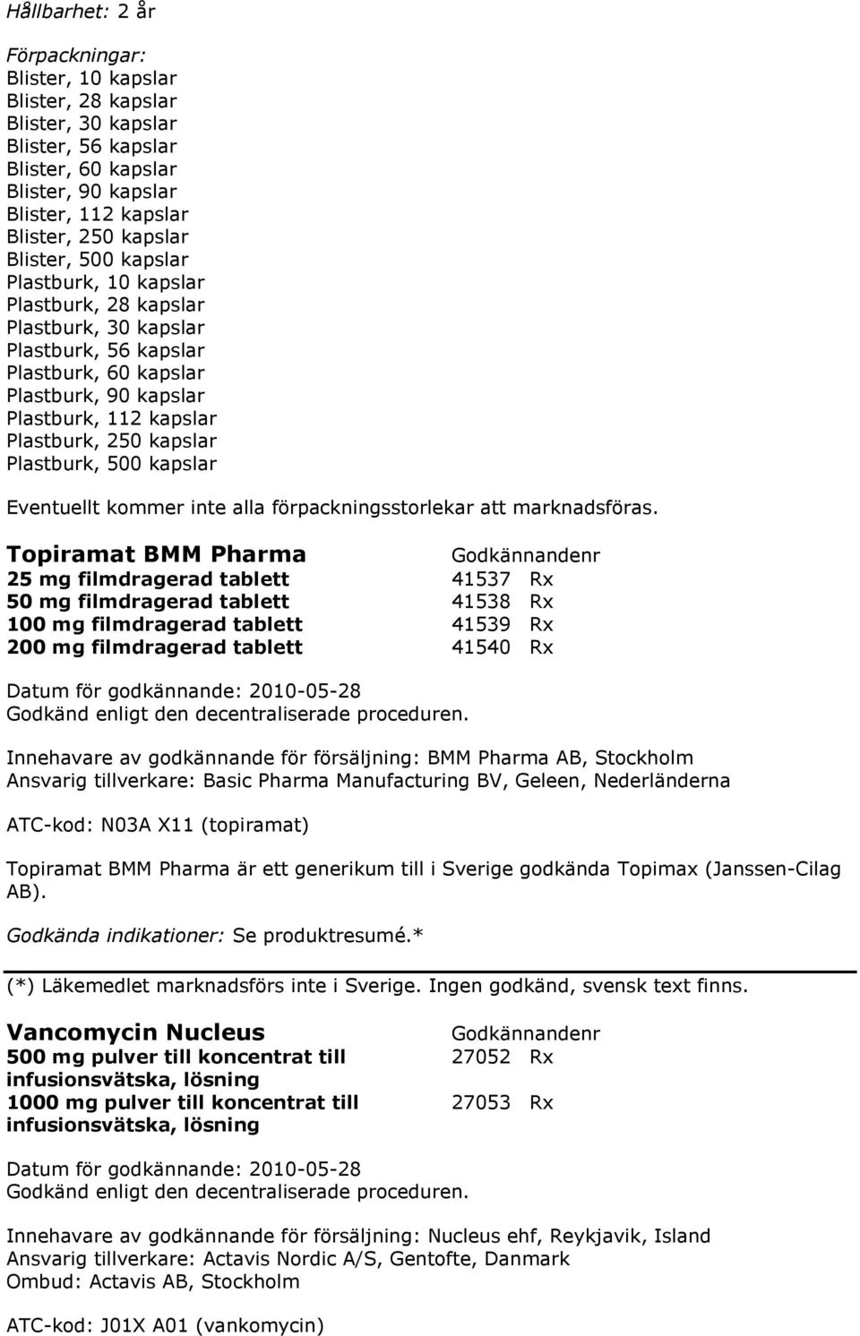 kapslar Topiramat BMM Pharma 25 mg filmdragerad tablett 41537 Rx 50 mg filmdragerad tablett 41538 Rx 100 mg filmdragerad tablett 41539 Rx 200 mg filmdragerad tablett 41540 Rx Innehavare av