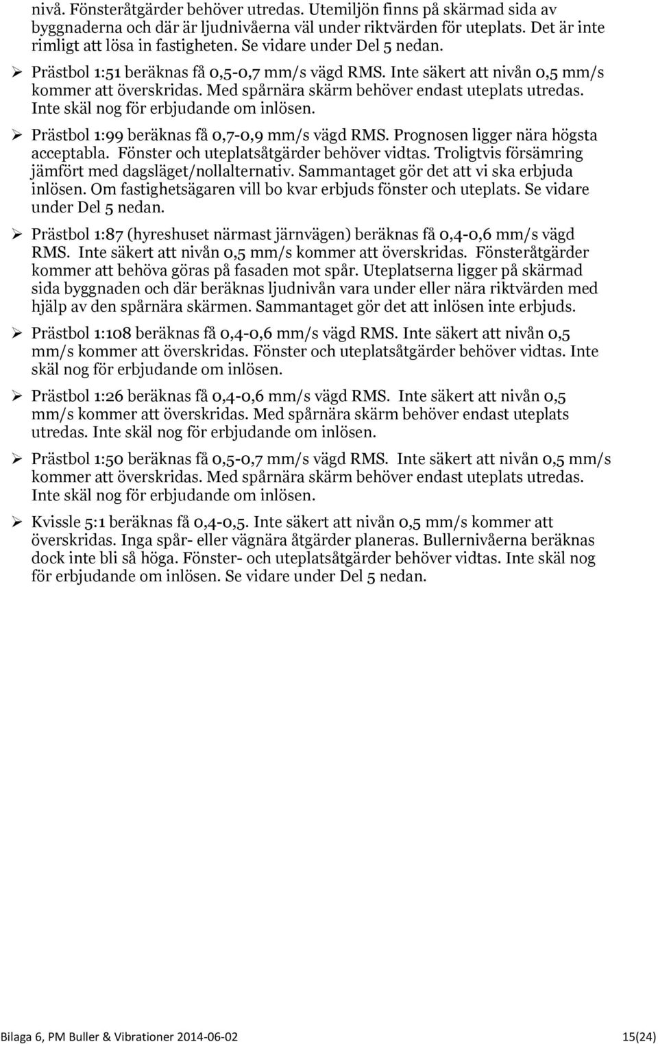 Inte skäl nog för erbjudande om inlösen. Prästbol 1:99 beräknas få 0,7-0,9 mm/s vägd RMS. Prognosen ligger nära högsta acceptabla. Fönster och uteplatsåtgärder behöver vidtas.