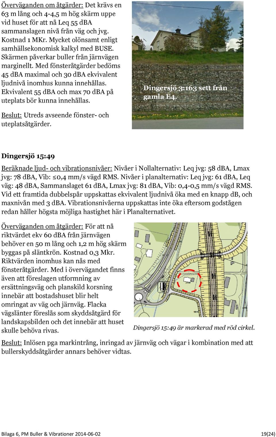 Med fönsteråtgärder bedöms 45 dba maximal och 30 dba ekvivalent ljudnivå inomhus kunna innehållas. Ekvivalent 55 dba och max 70 dba på uteplats bör kunna innehållas.