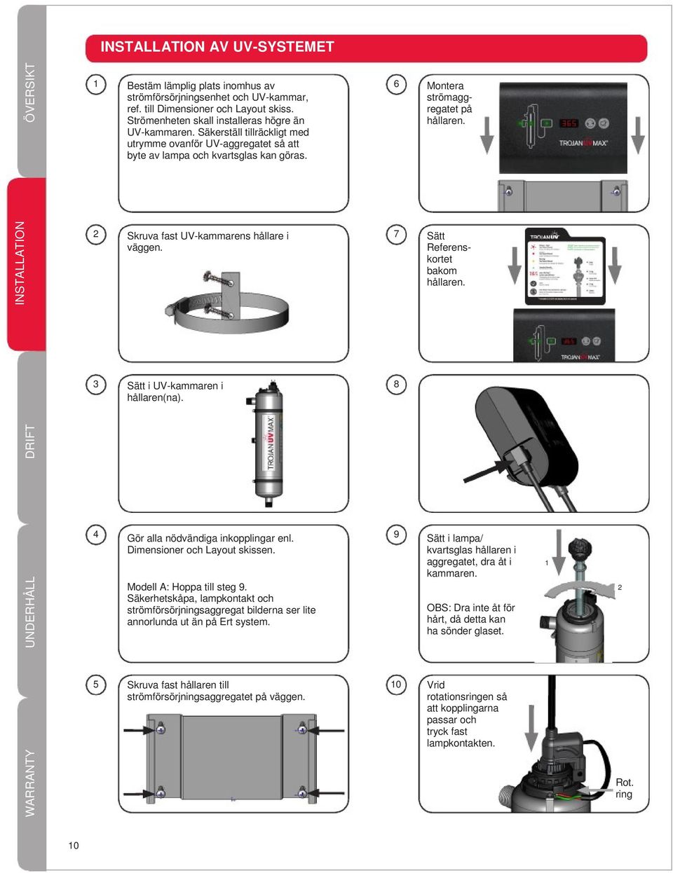 7 Sätt Referenskortet bakom hållaren. 3 Sätt i UV-kammaren i hållaren(na). 8 4 Gör alla nödvändiga inkopplingar enl. Dimensioner och Layout skissen. Modell A: Hoppa till steg 9.