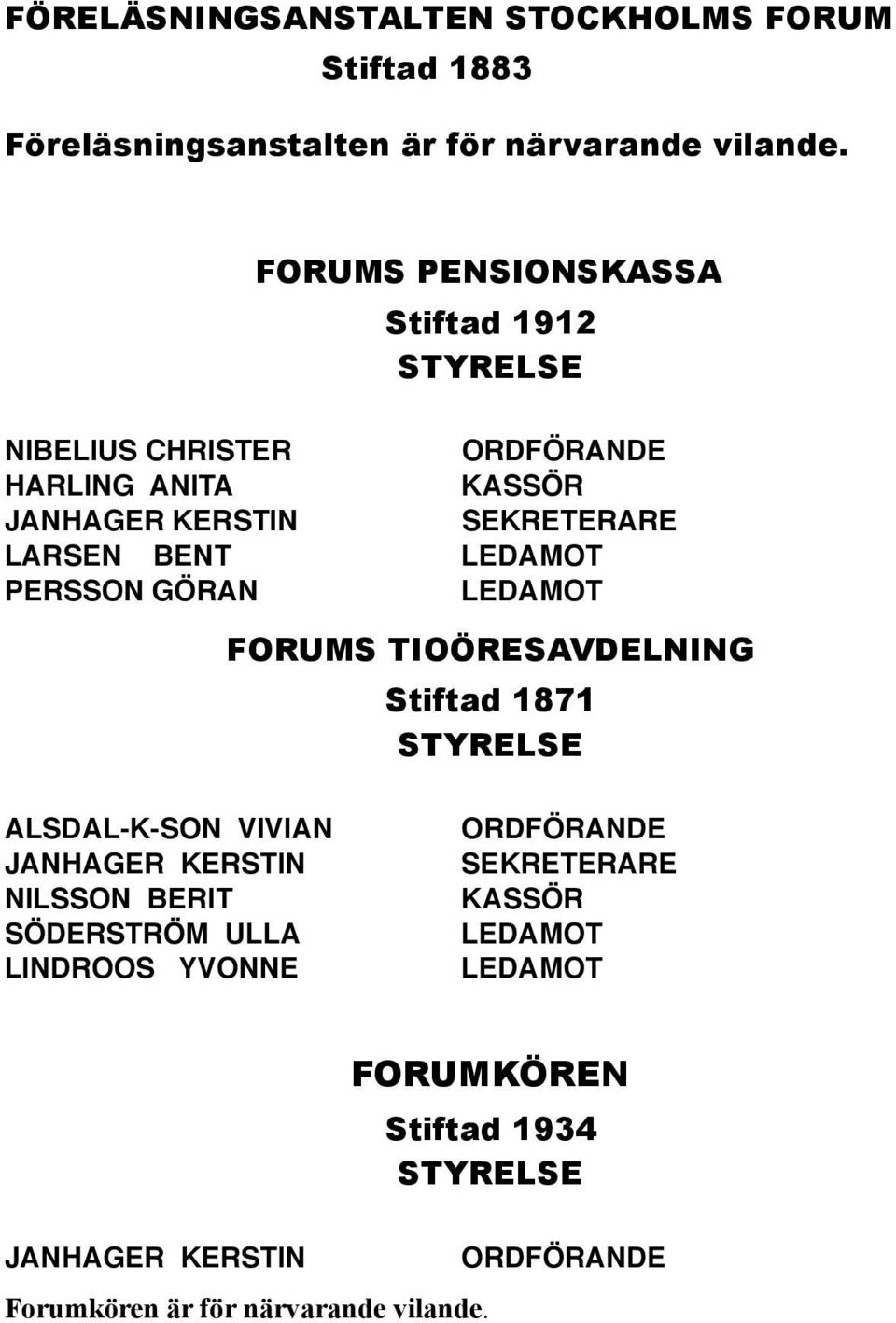 LEDAMOT PERSSON GÖRAN LEDAMOT FORUMS TIOÖRESAVDELNING Stiftad 1871 STYRELSE ALSDAL-K-SON VIVIAN JANHAGER KERSTIN NILSSON BERIT