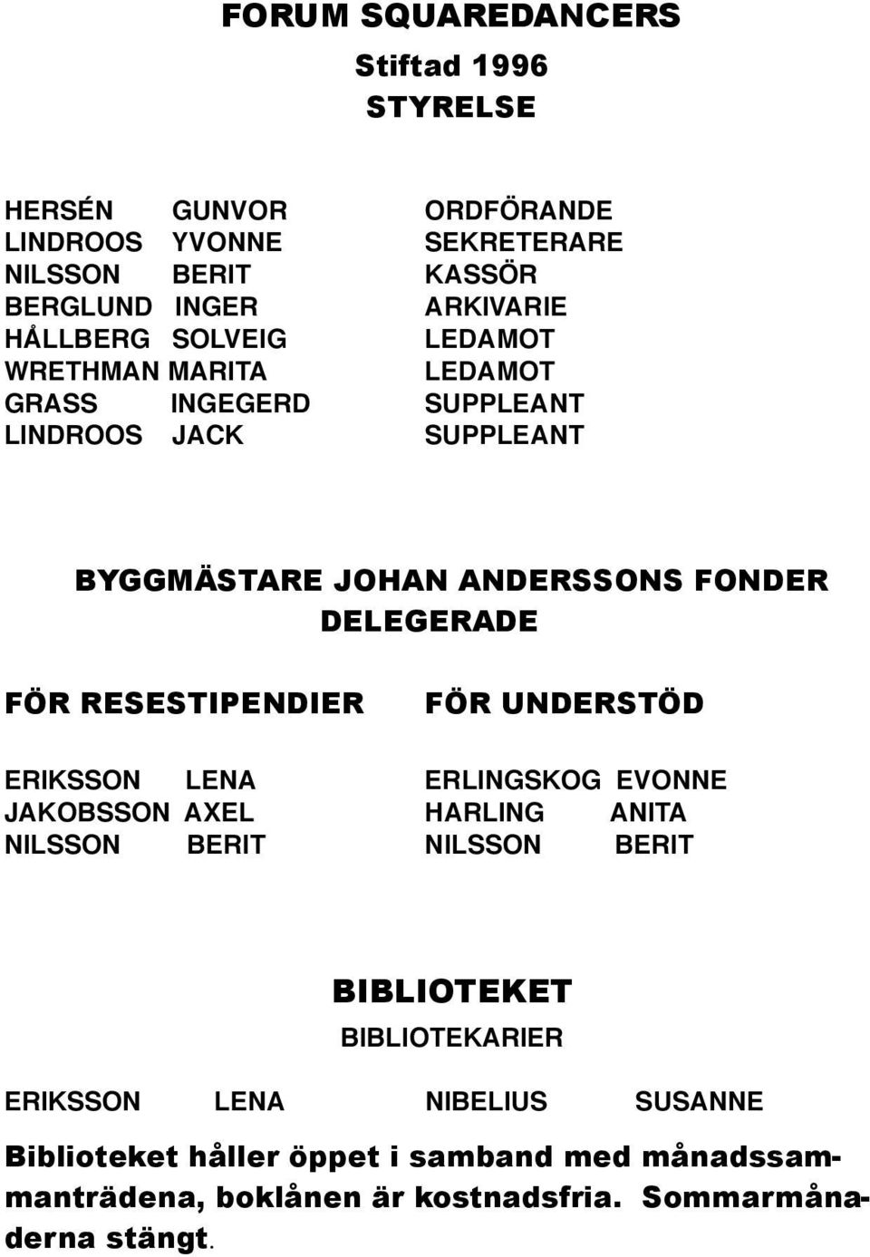 DELEGERADE FÖR RESESTIPENDIER FÖR UNDERSTÖD ERIKSSON LENA ERLINGSKOG EVONNE JAKOBSSON AXEL HARLING ANITA NILSSON BERIT NILSSON BERIT