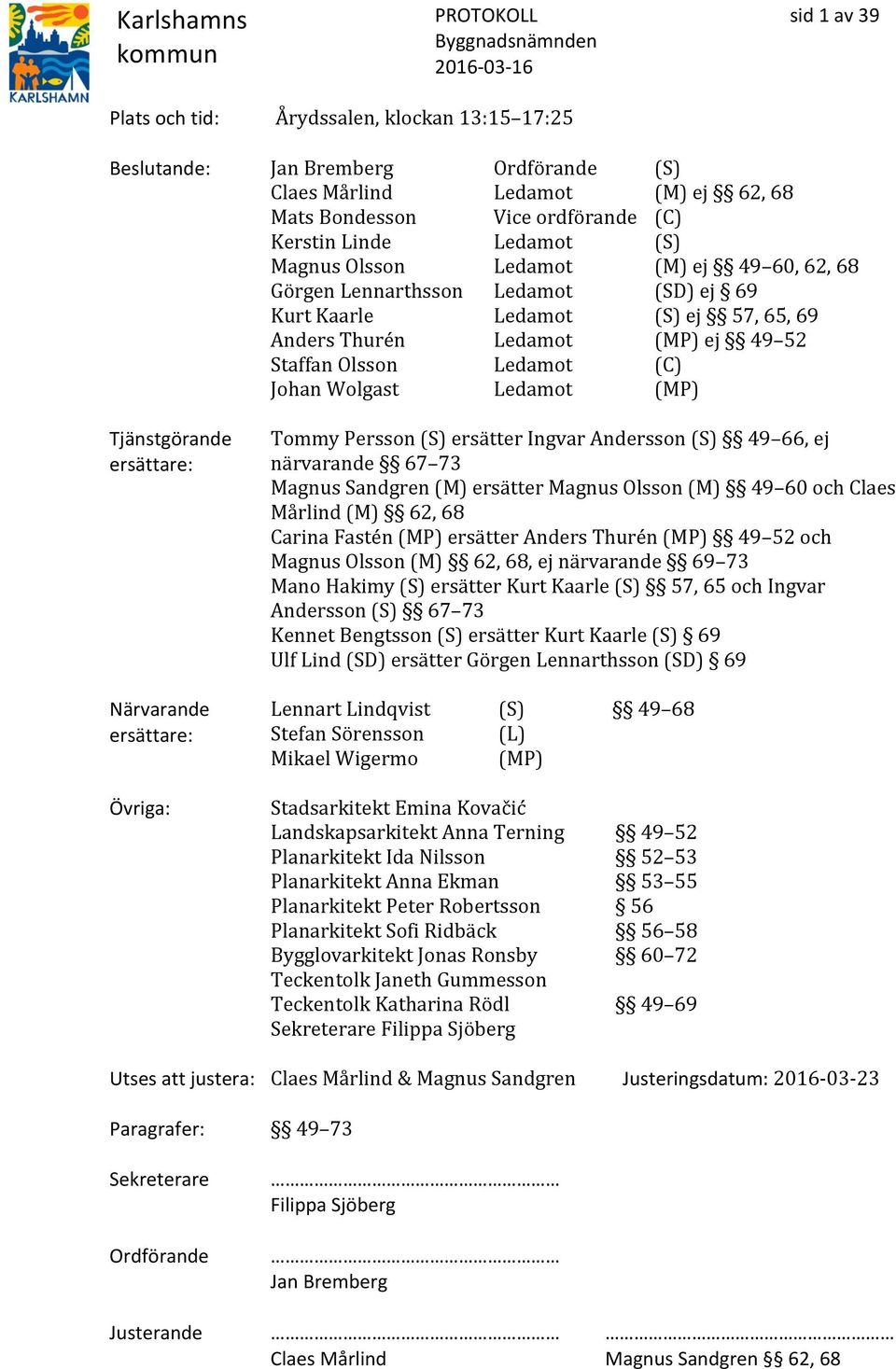 Ledamot (MP) Tjänstgörande ersättare: Närvarande ersättare: Övriga: Tommy Persson (S) ersätter Ingvar Andersson (S) 49 66, ej närvarande 67 73 Magnus Sandgren (M) ersätter Magnus Olsson (M) 49 60 och