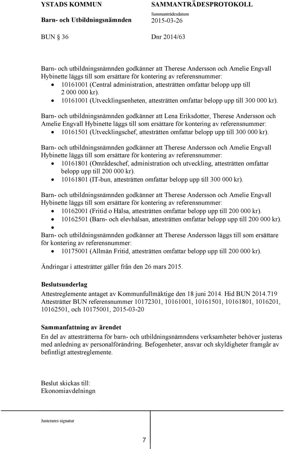 Barn- och utbildningsnämnden godkänner att Lena Eriksdotter, Therese Andersson och Amelie Engvall Hybinette läggs till som ersättare för kontering av referensnummer: 10161501 (Utvecklingschef,