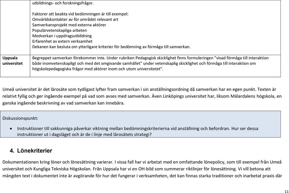 Erfarenhet av extern verksamhet Dekanen kan besluta om ytterligare kriterier för bedömning av förmåga till samverkan. Uppsala universitet Begreppet samverkan förekommer inte.