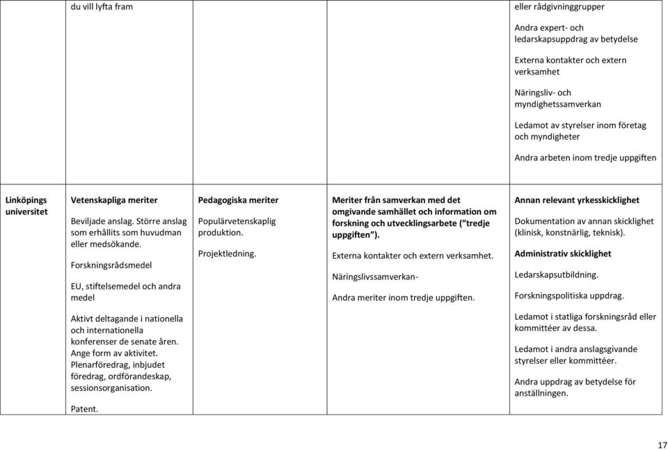 Forskningsrådsmedel EU, stiftelsemedel och andra medel Pedagogiska meriter Populärvetenskaplig produktion. Projektledning.