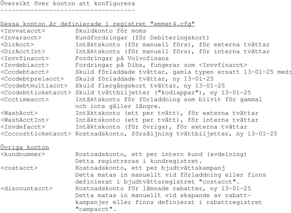 interna tvättar <Invvfinacct> Fordringar på Volvofinans <Invdebiacct> Fordringar på Dibs, fungerar som <Invvfinacct> <Cccdebtacct> Skuld förladdade tvättar, gamla typen ersatt 13-01-25 med: