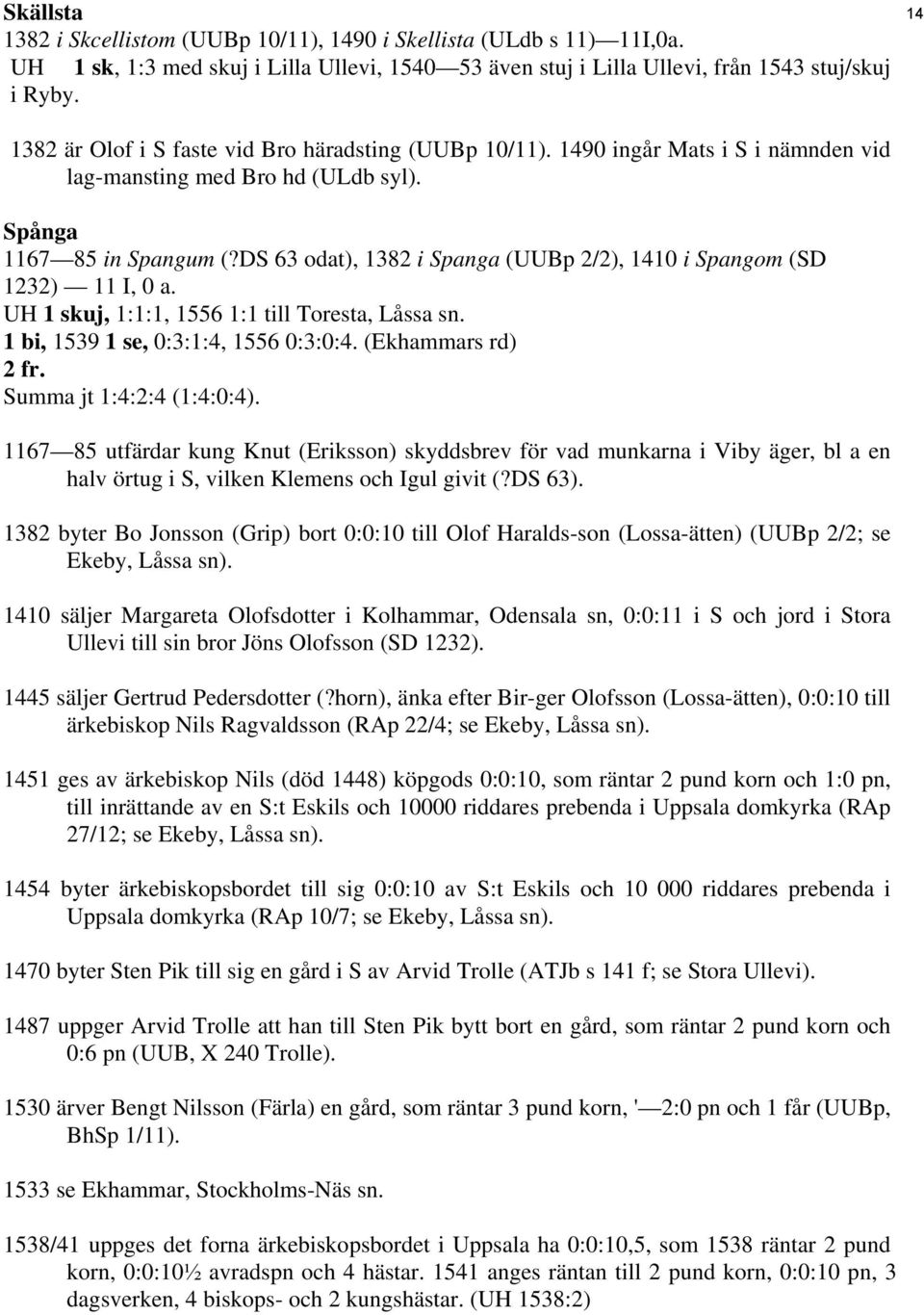 DS 63 odat), 1382 i Spanga (UUBp 2/2), 1410 i Spangom (SD 1232) 11 I, 0 a. UH 1 skuj, 1:1:1, 1556 1:1 till Toresta, Låssa sn. 1 bi, 1539 1 se, 0:3:1:4, 1556 0:3:0:4. (Ekhammars rd) 2 fr.