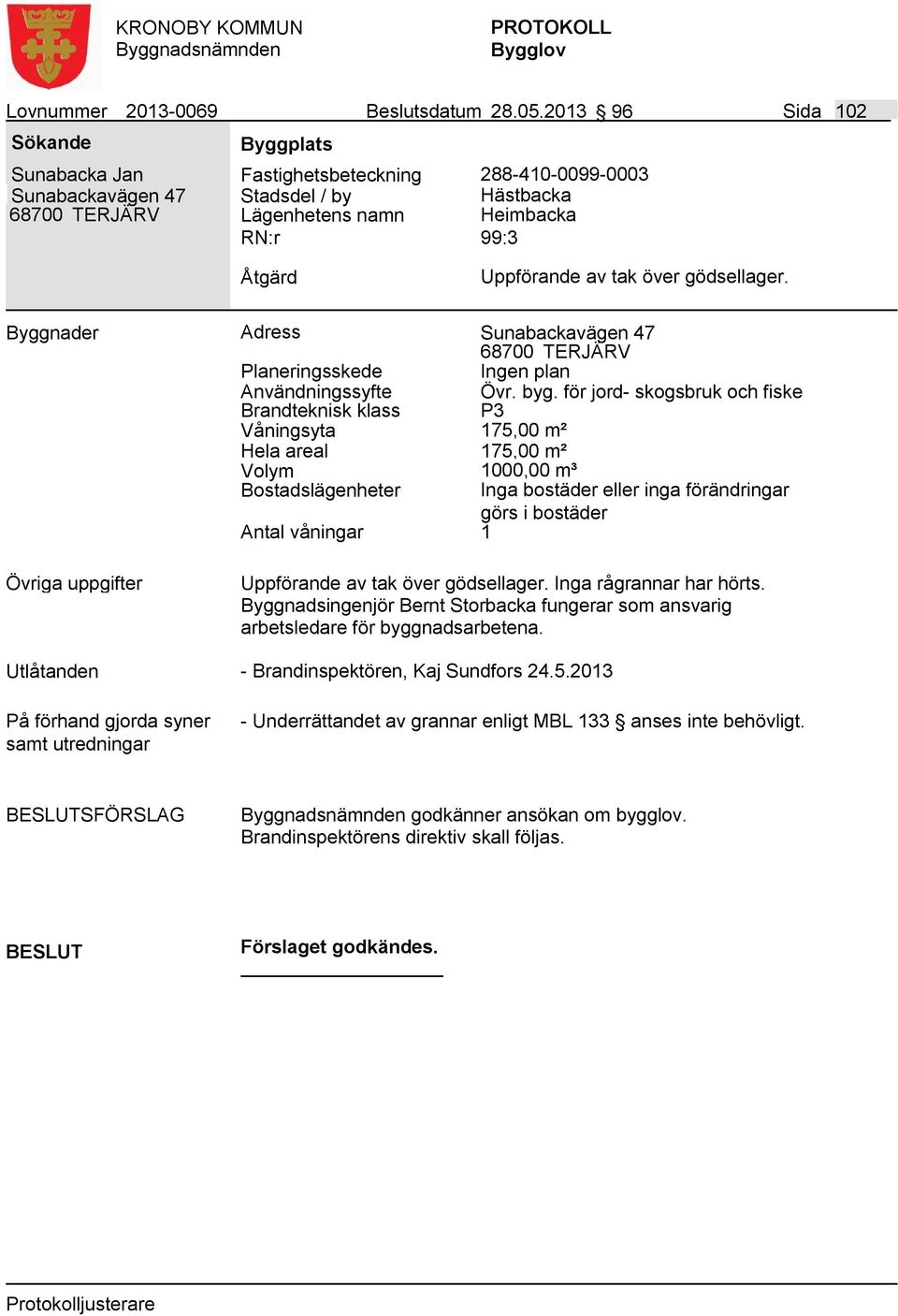 gödsellager. Byggnader Adress Sunabackavägen 47 Ingen plan Användningssyfte Övr. byg.