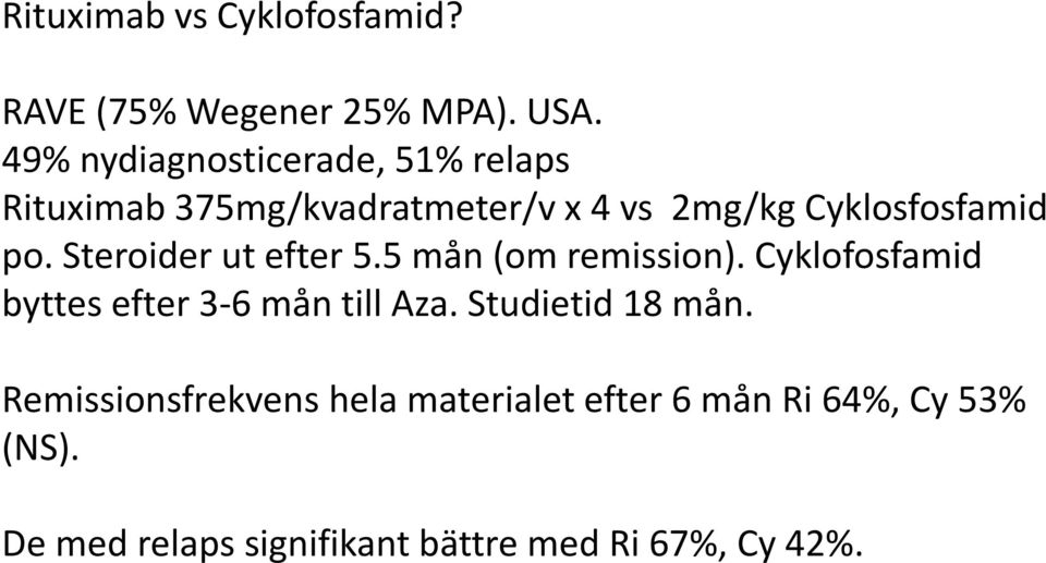 Steroider ut efter 5.5 mån (om remission). Cyklofosfamid byttes efter 3-6 mån till Aza.