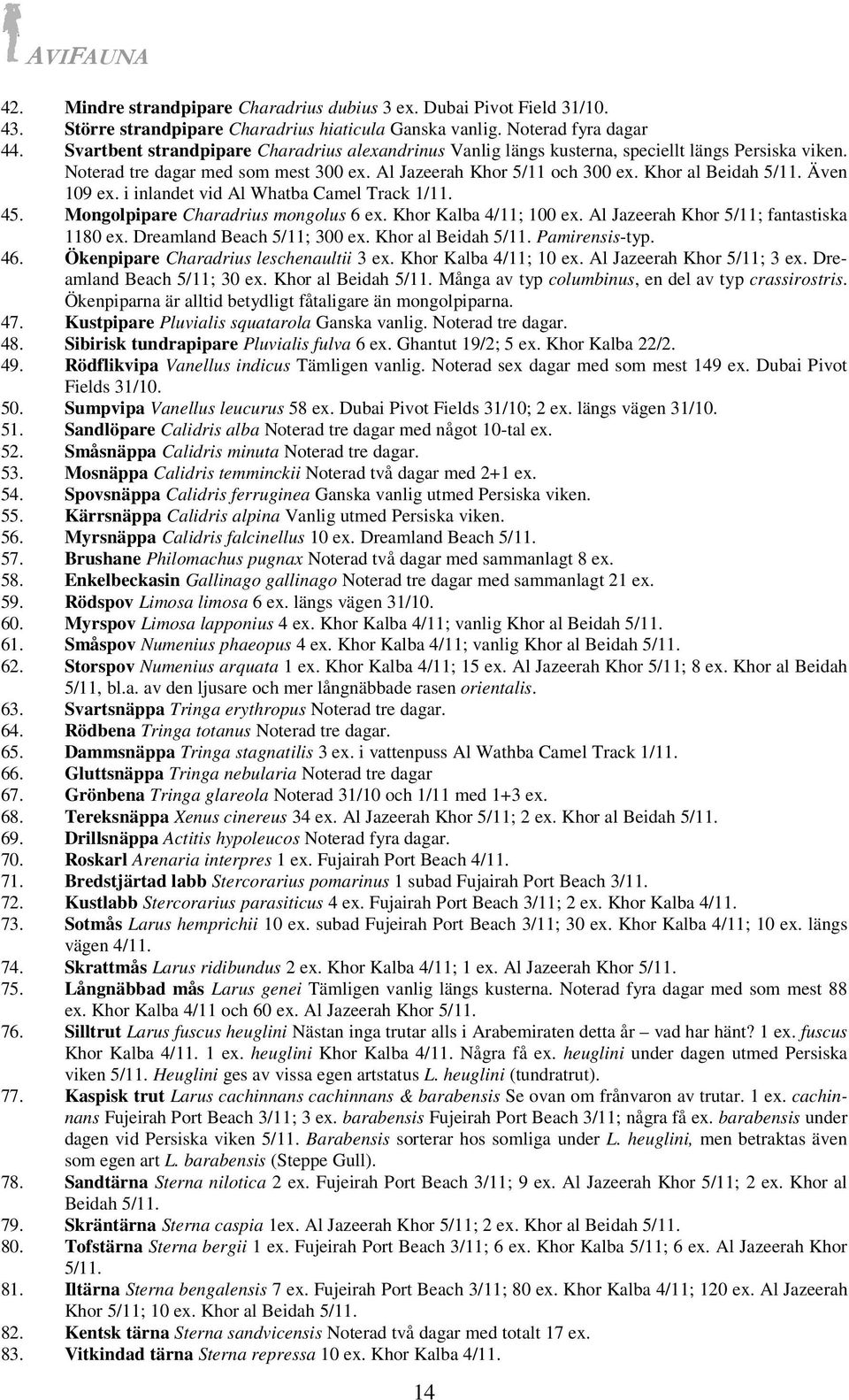 Även 109 ex. i inlandet vid Al Whatba Camel Track 1/11. 45. Mongolpipare Charadrius mongolus 6 ex. Khor Kalba 4/11; 100 ex. Al Jazeerah Khor 5/11; fantastiska 1180 ex. Dreamland Beach 5/11; 300 ex.