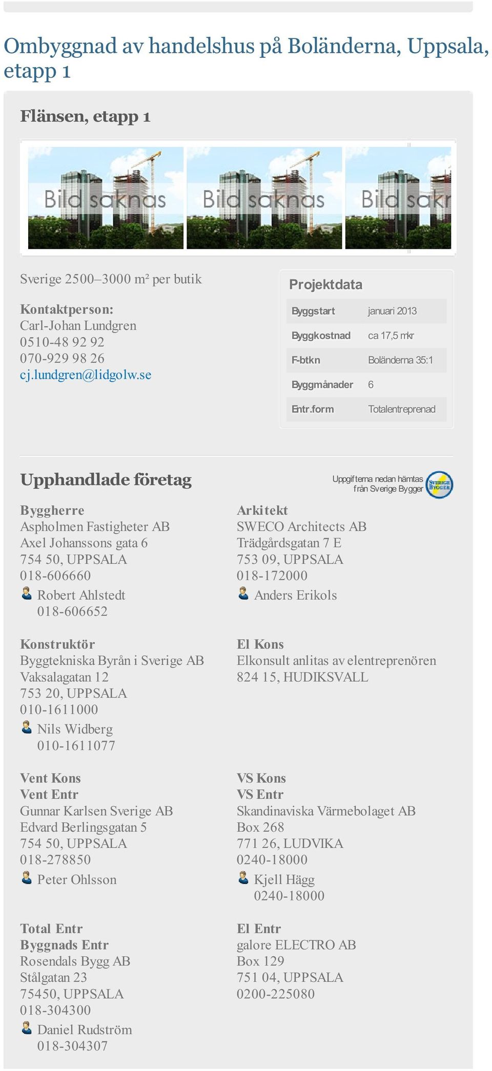 Gunnar Karlsen Sverige AB Edvard Berlingsgatan 5 754 50, UPPSALA 018-278850 Peter Ohlsson Total Entr Byggnads Entr Rosendals Bygg AB Stålgatan 23 75450, UPPSALA 018-304300 Daniel Rudström 018-304307